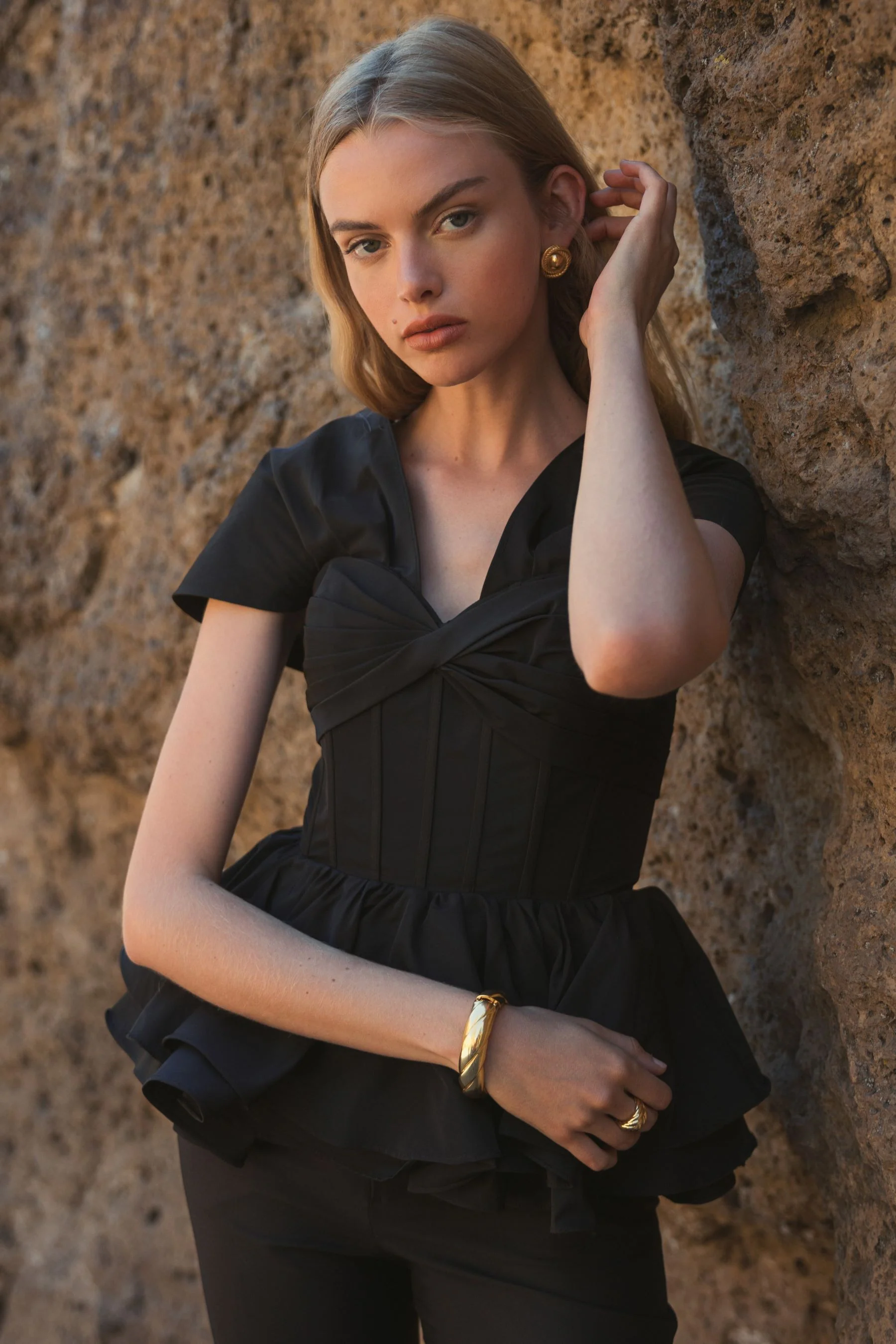 Faille Twist Bustier Peplum Top