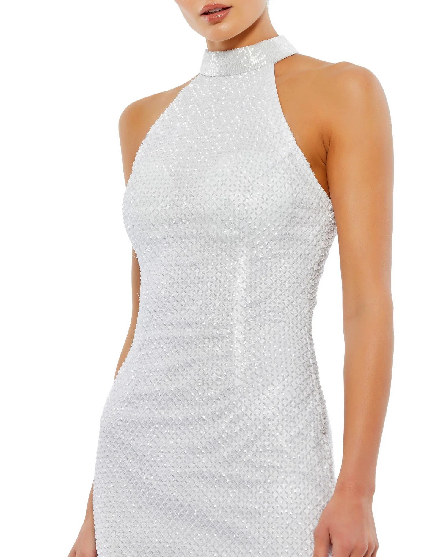 White Hand Embellished Halter Neck Midi Sheath Dress