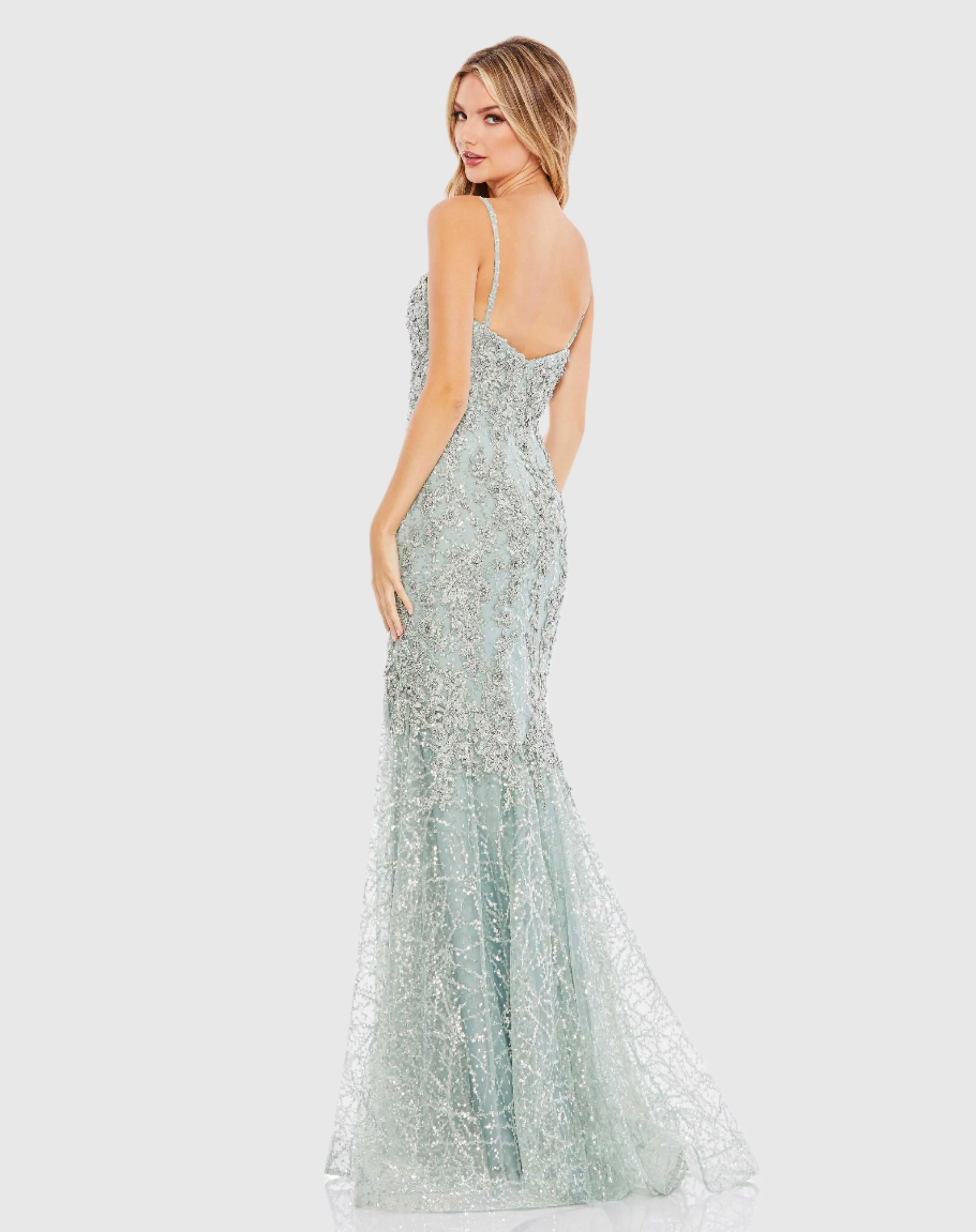 Green Embellished Sleeveless Plunge Neck Trumpet Gown