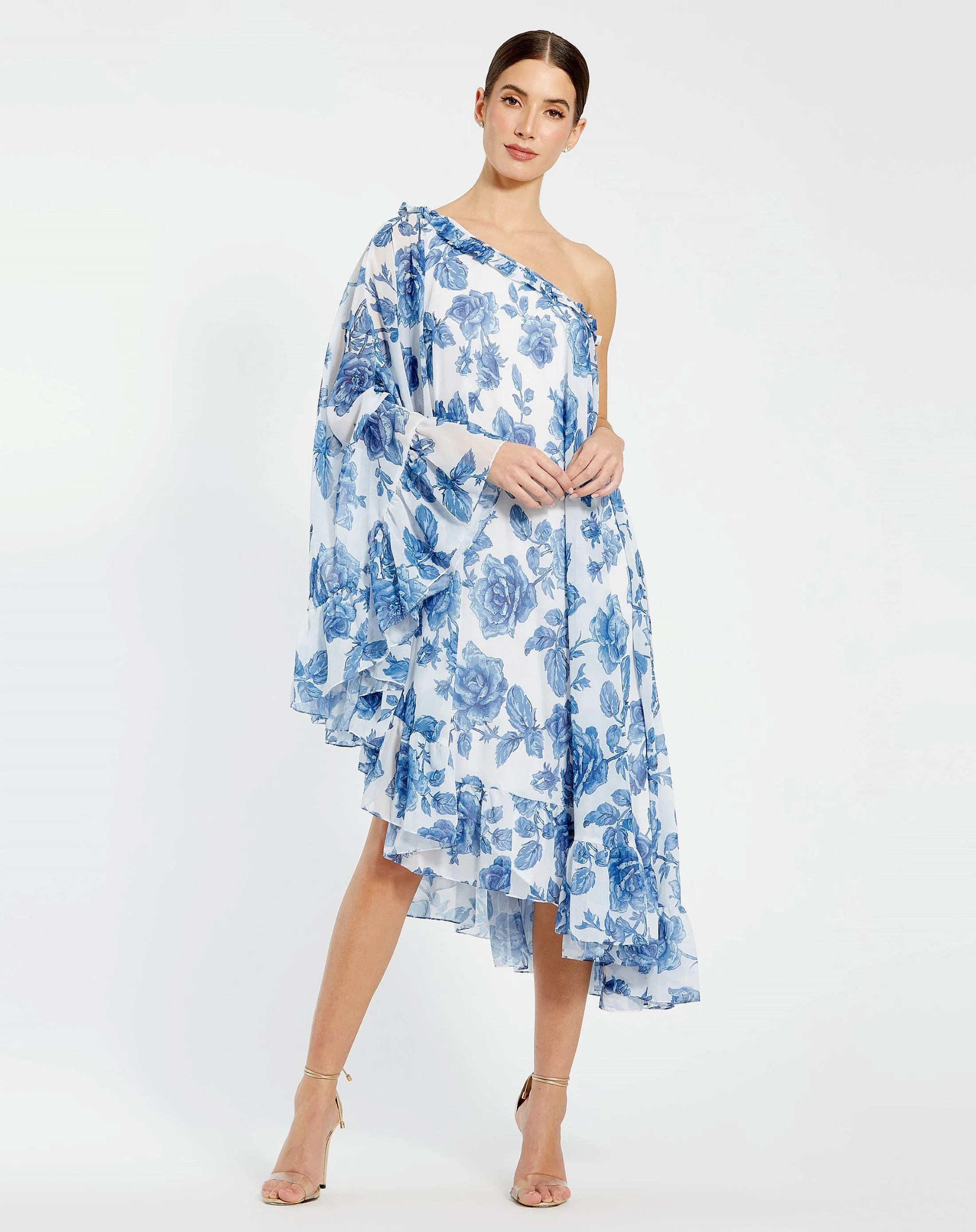 Floral Print One Shoulder Cape Dress