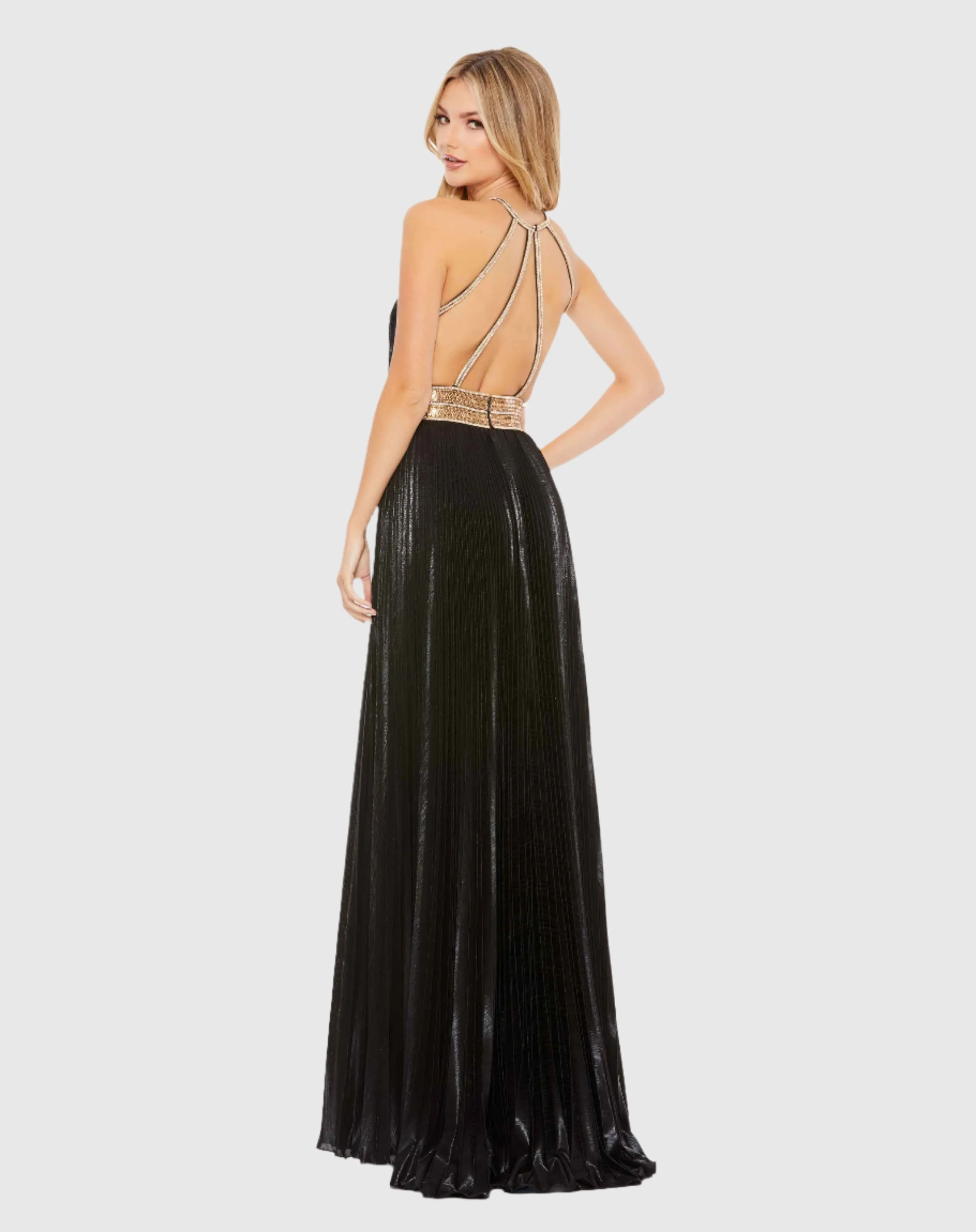 Pleated Embellished Halter Open Back Gown