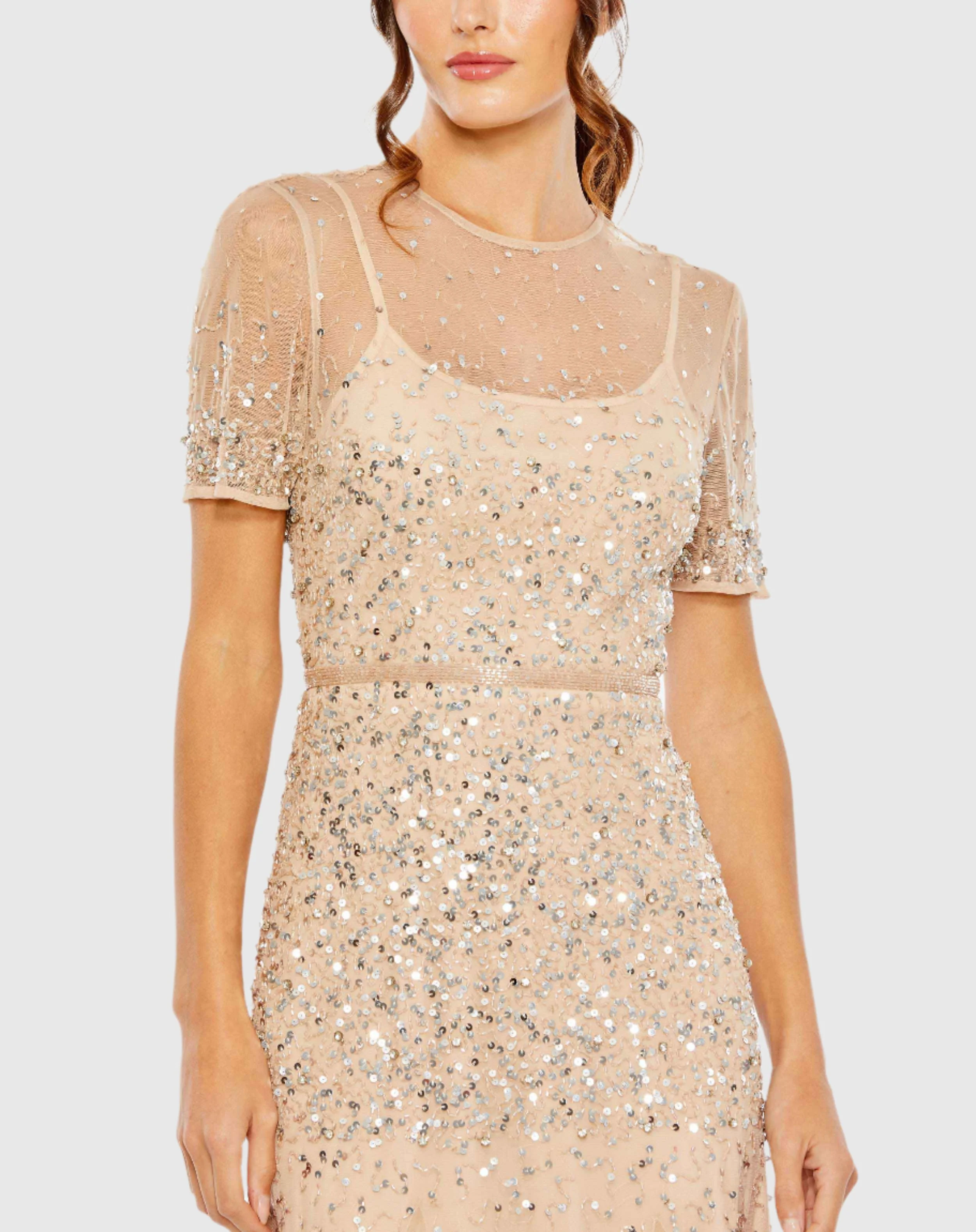 Gold High Neck Short Sleeve Sequin Embellished Gown