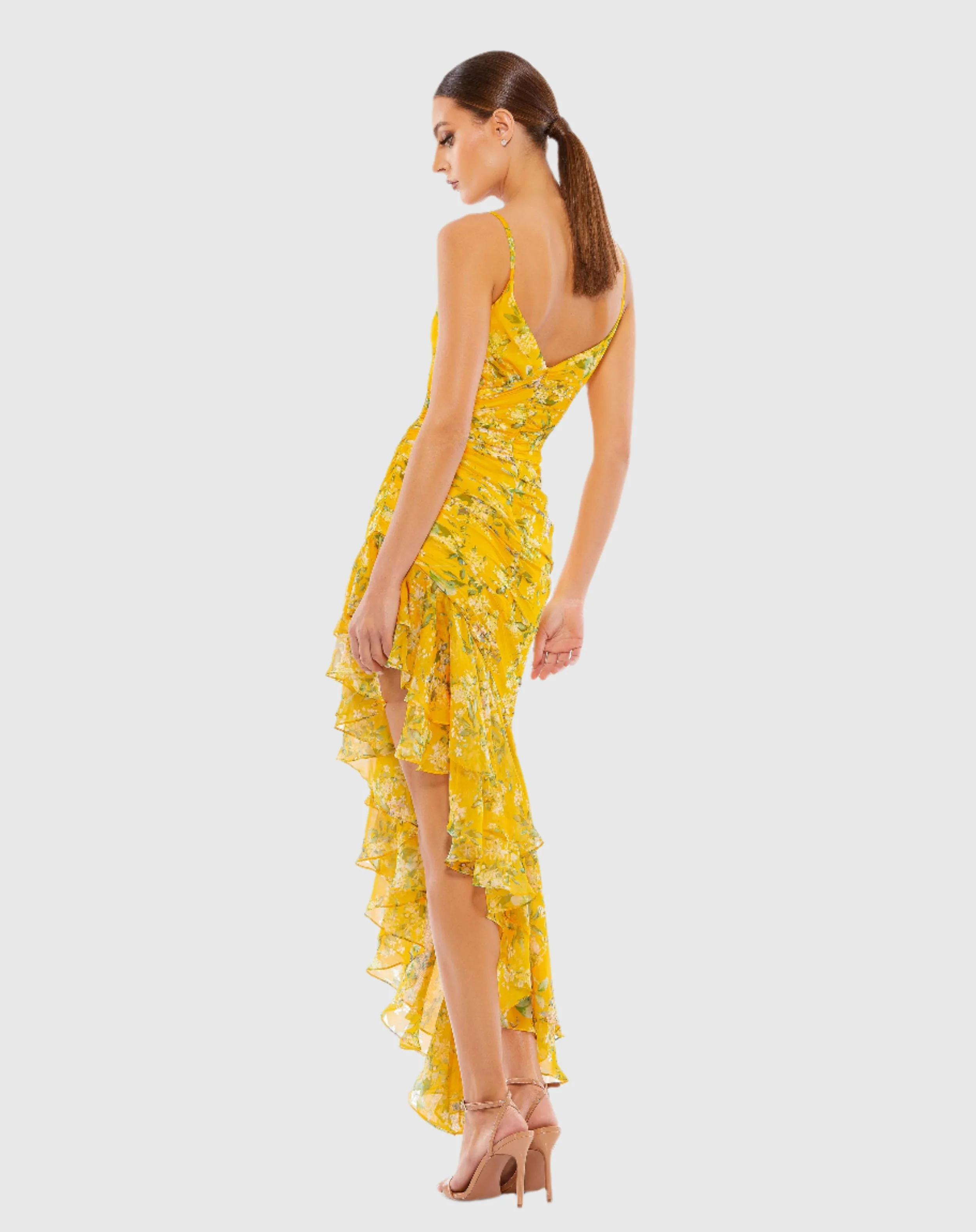 Floral Ruffle Asymmetrical Hi Low Hem Dress