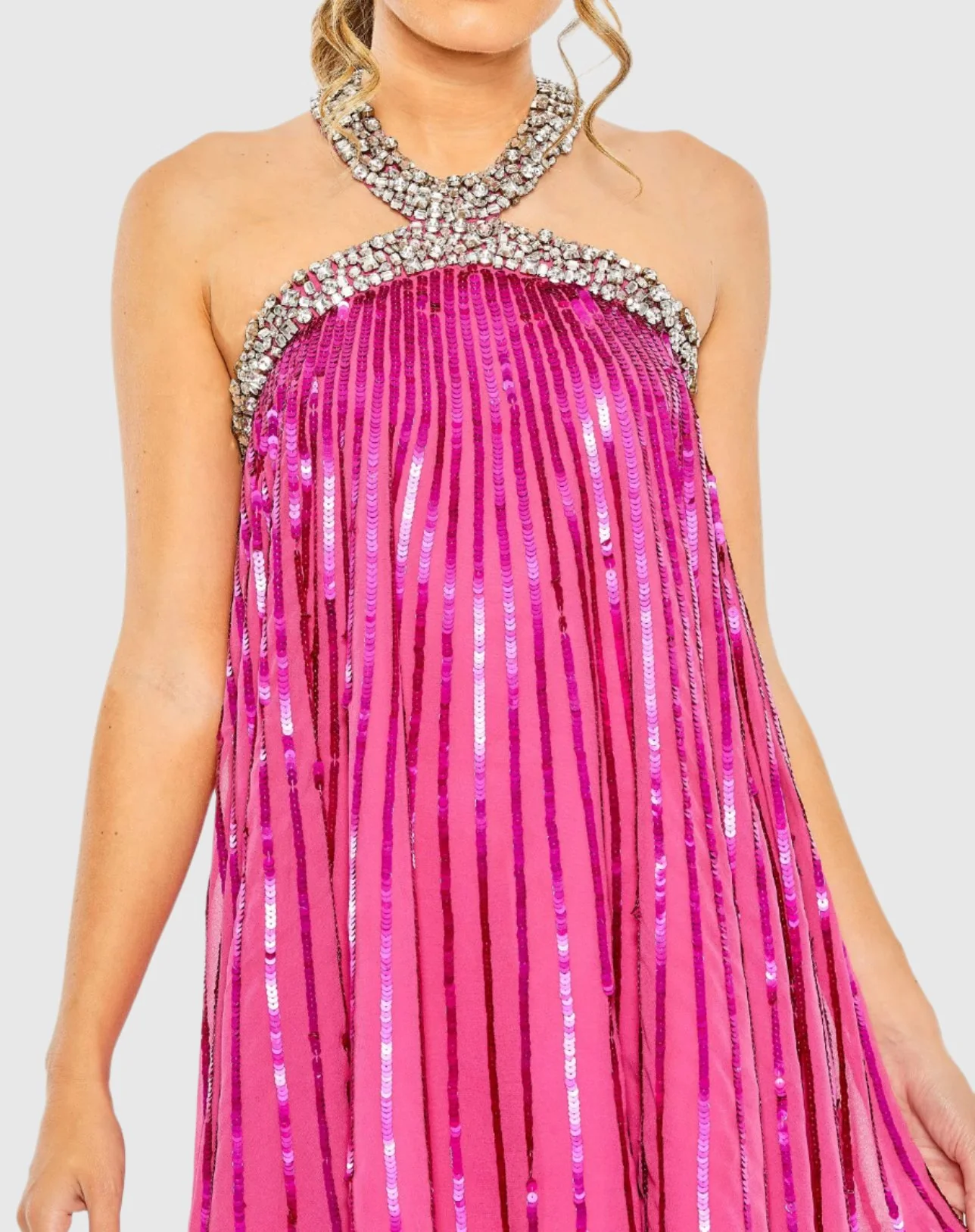 Pink High Neck Open Back Embellished Trapeze Dress