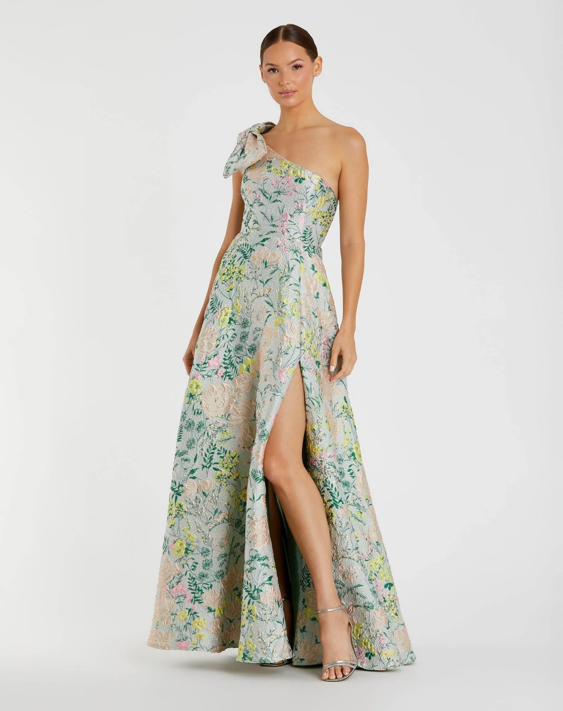 Multicolor Floral One Shoulder Brocade Gown With Bow Detail
