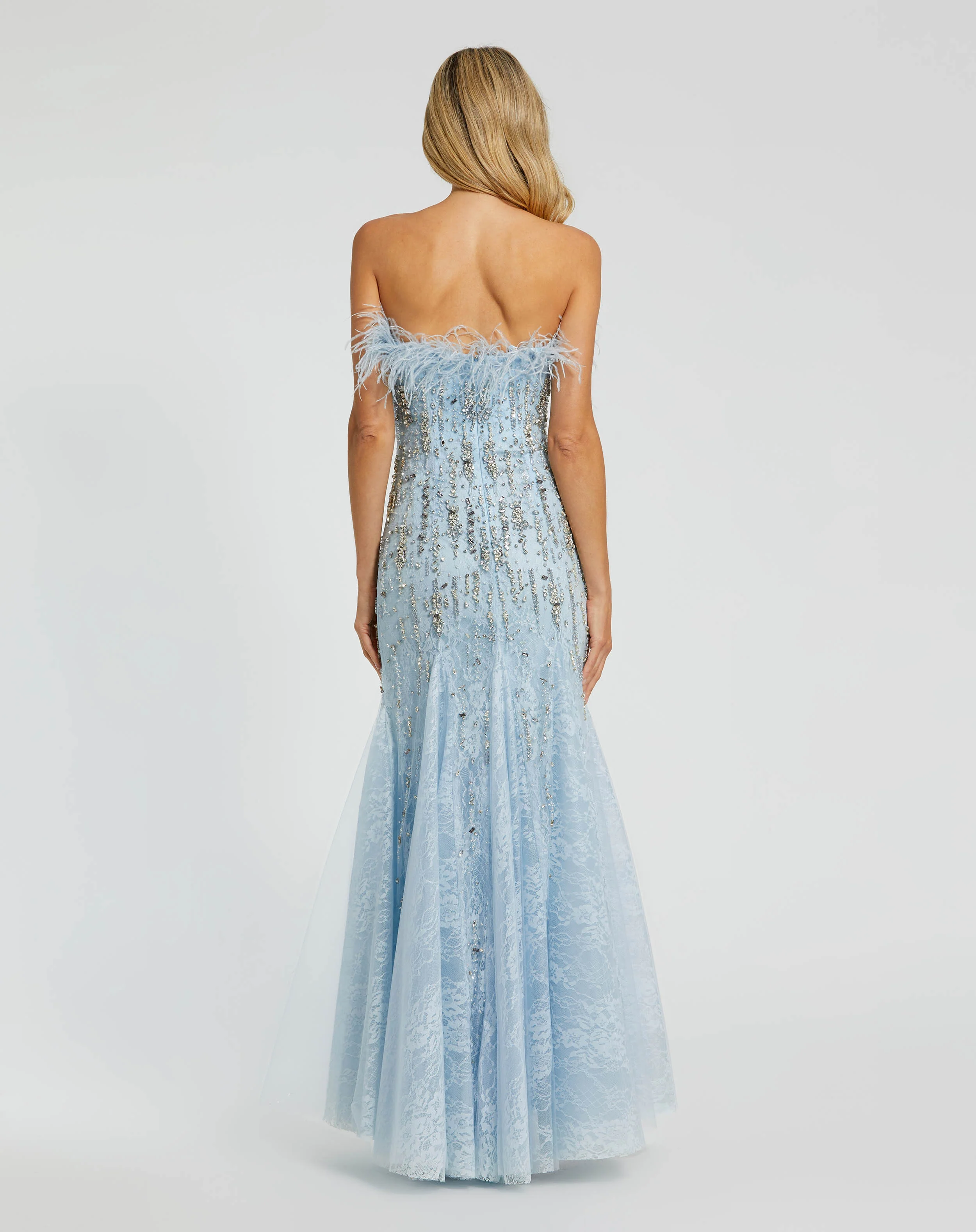 Blue Strapless Feather Embellished Mermaid Gown