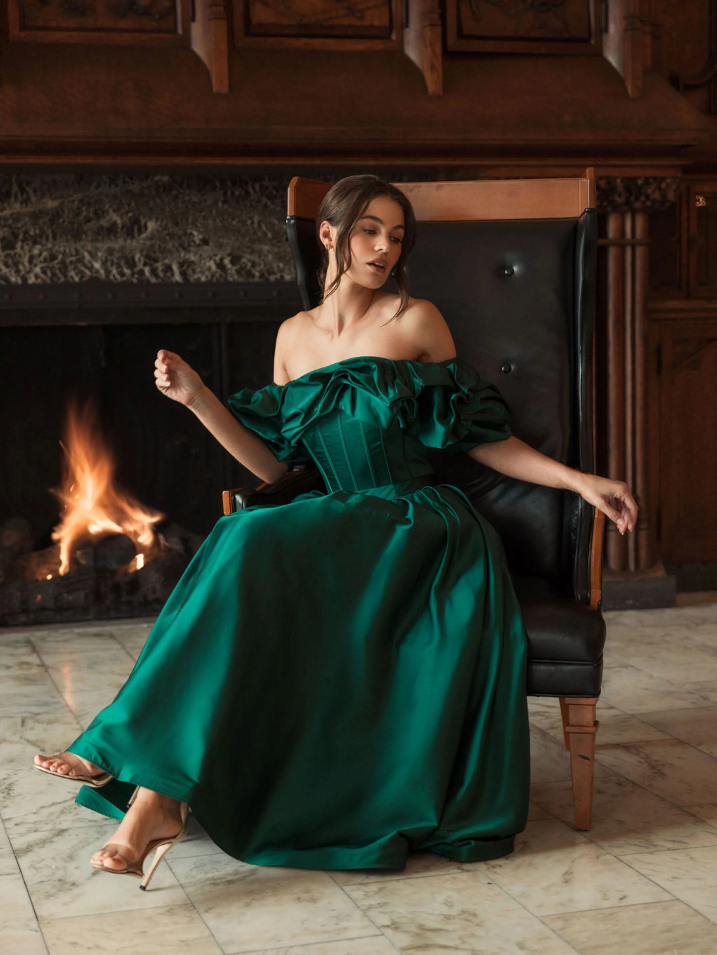 Emerald Off The Shoulder Tea Length Dress