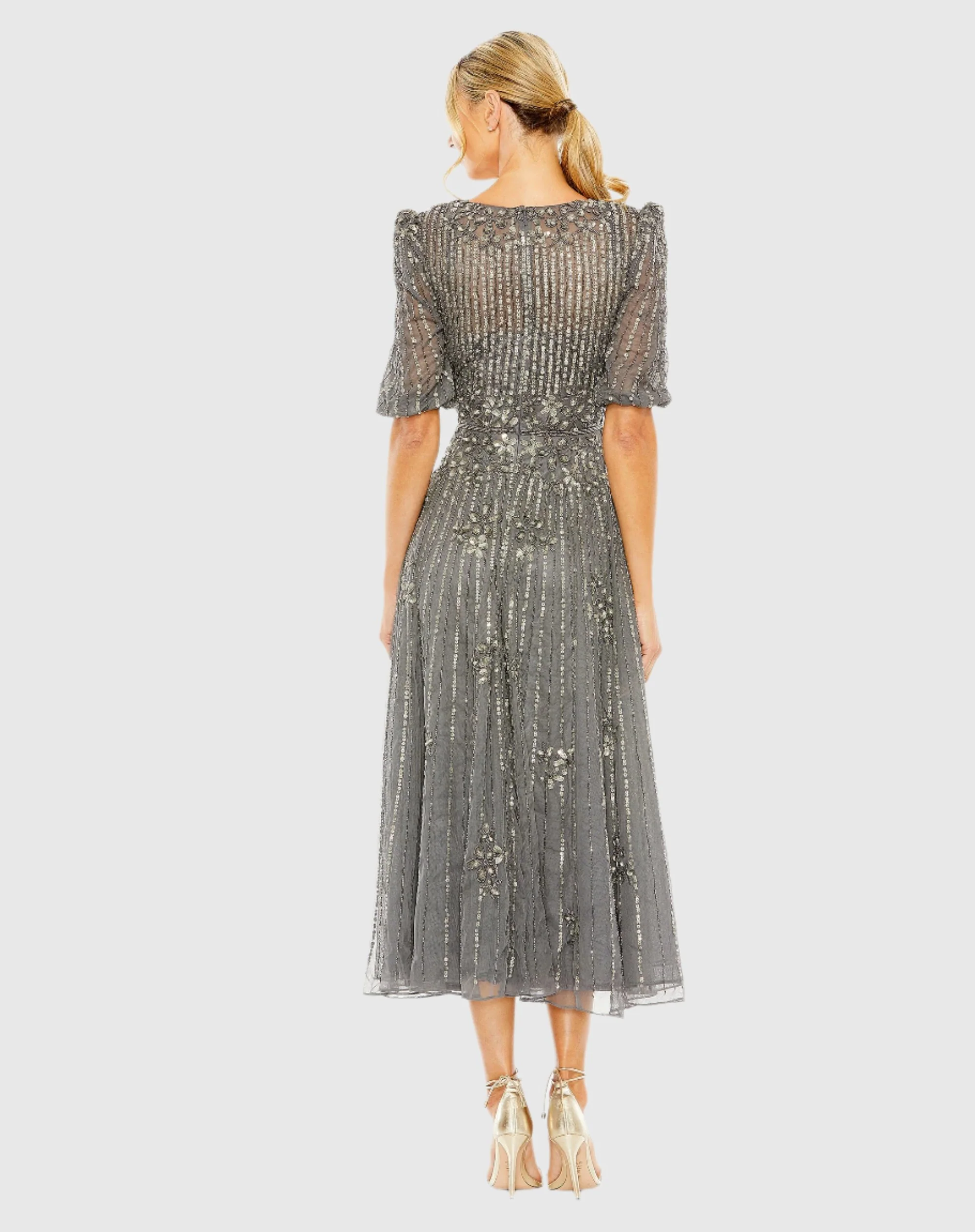 Gray Puff Quarter Length Sleeve V-Neck Dress