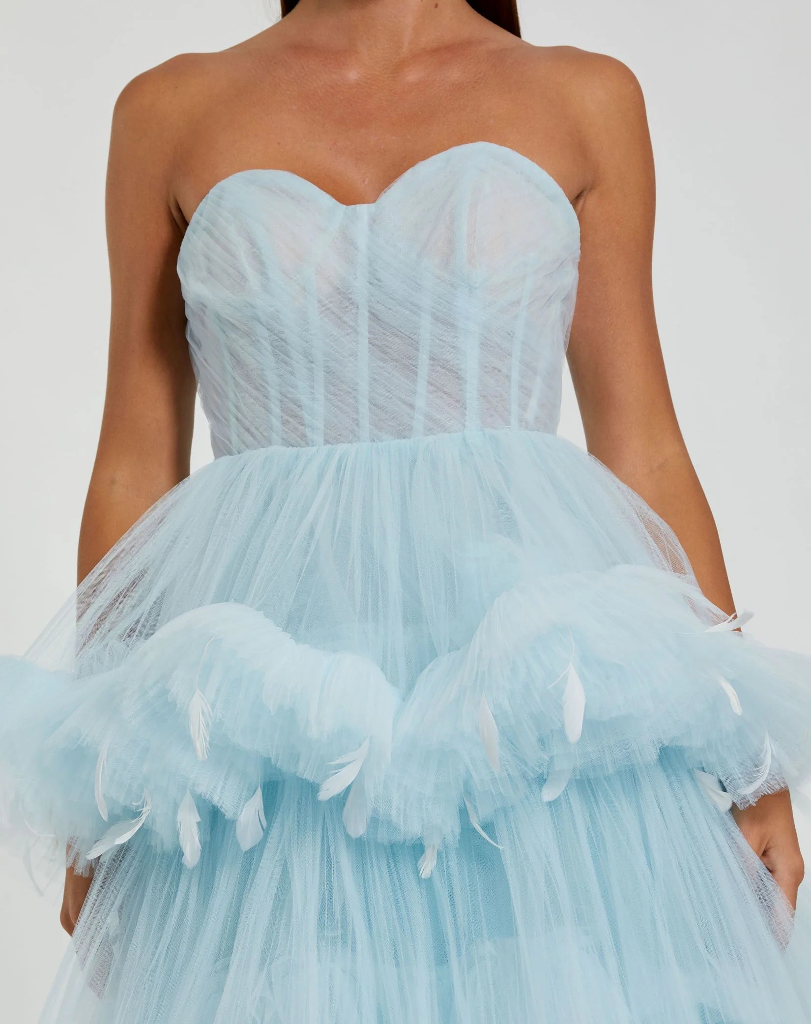 Blue Strapless Tulle Gown with Feather Detail