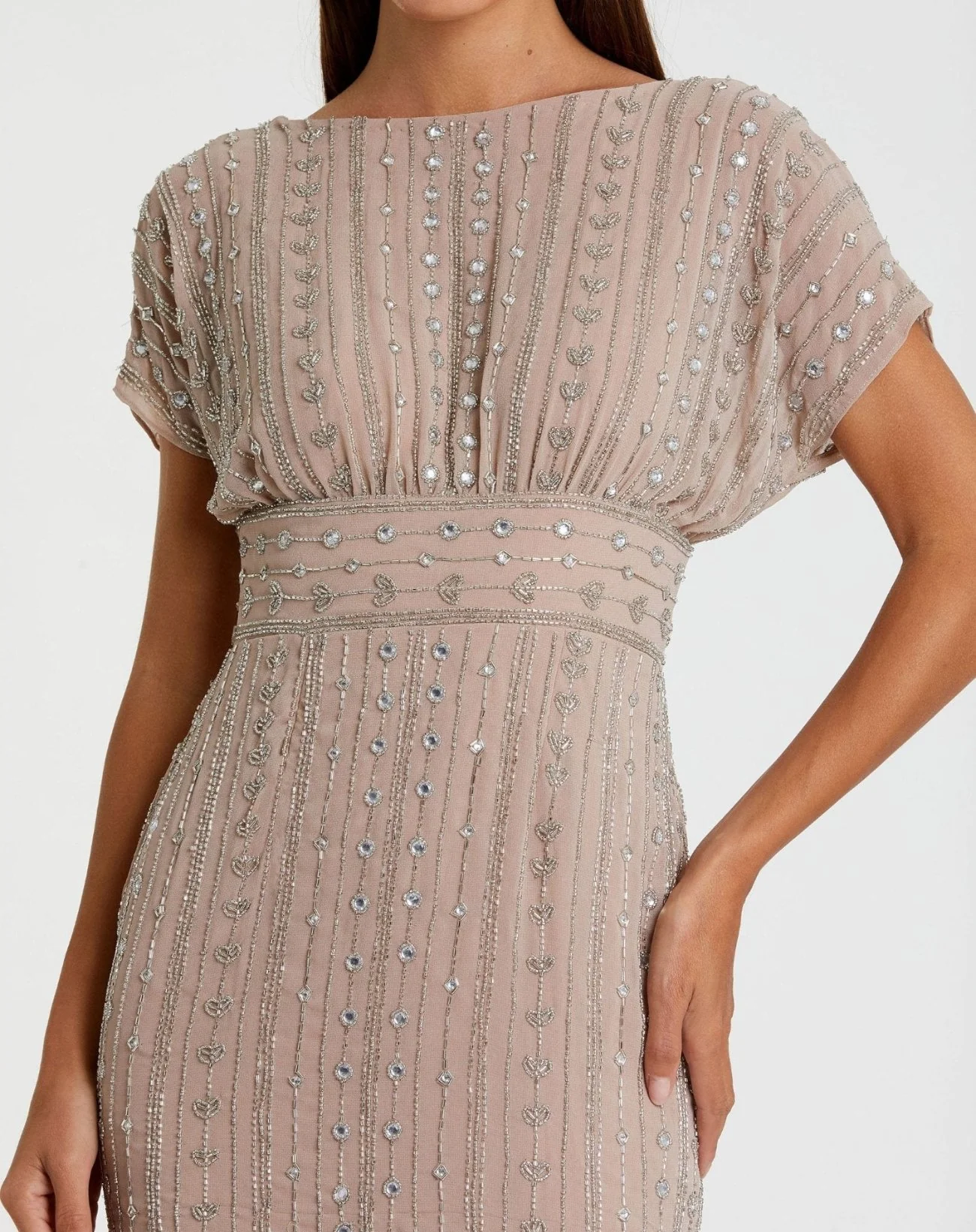 Beige Beaded Cap Sleeve Column Midi Dress