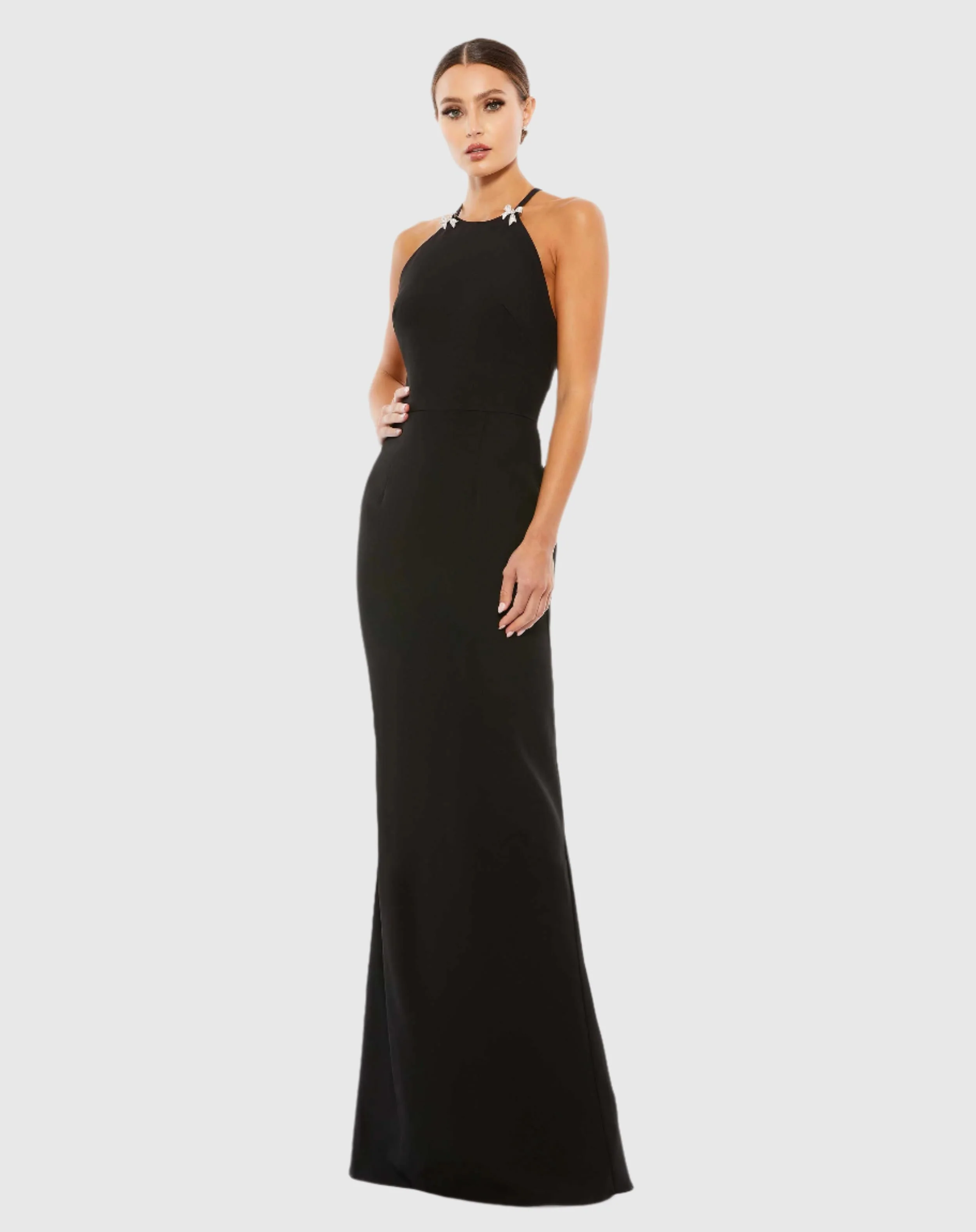 Black Bow Halter Criss-Cross Column Gown