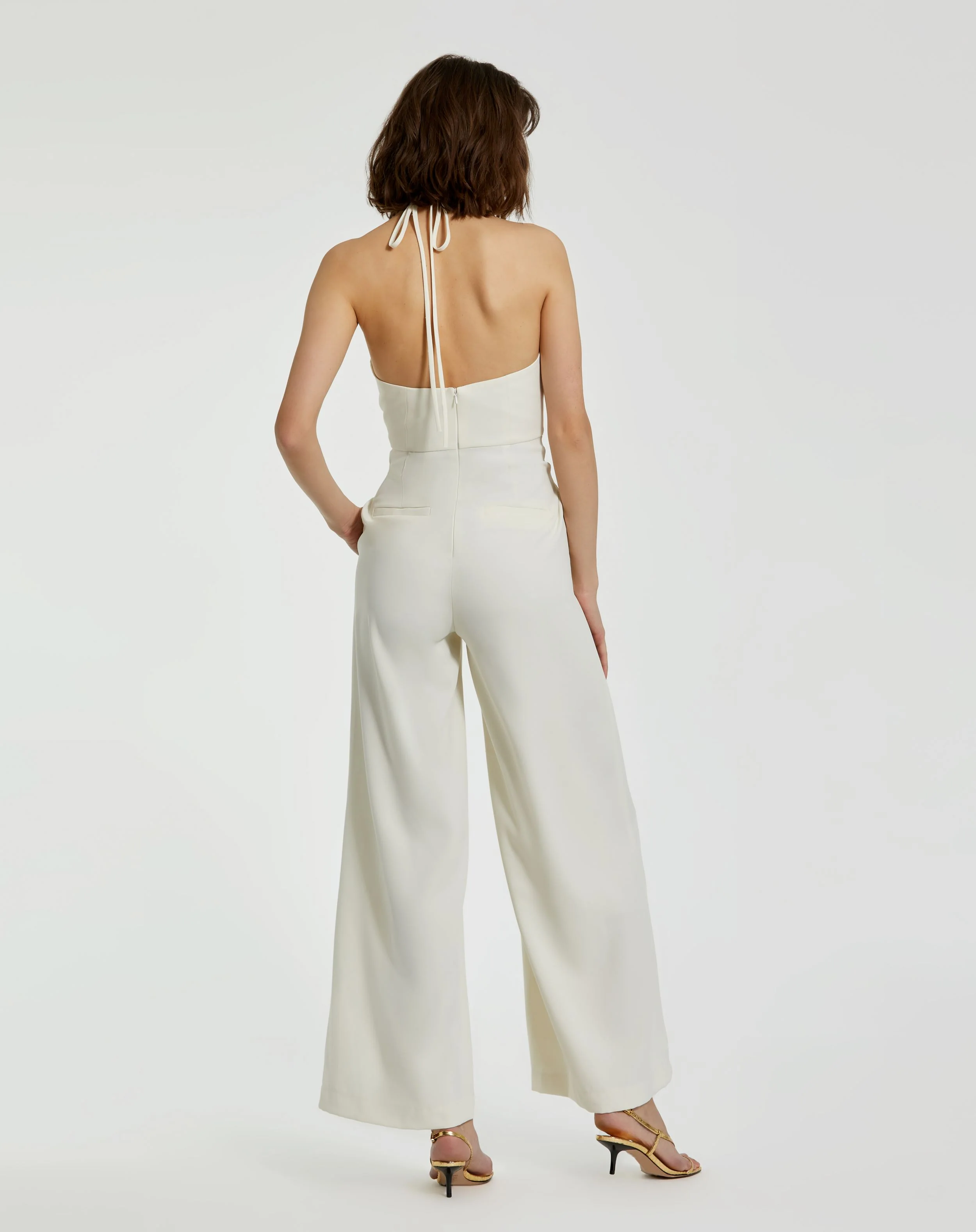 White Halter Neck Crepe Jumpsuit With Flower