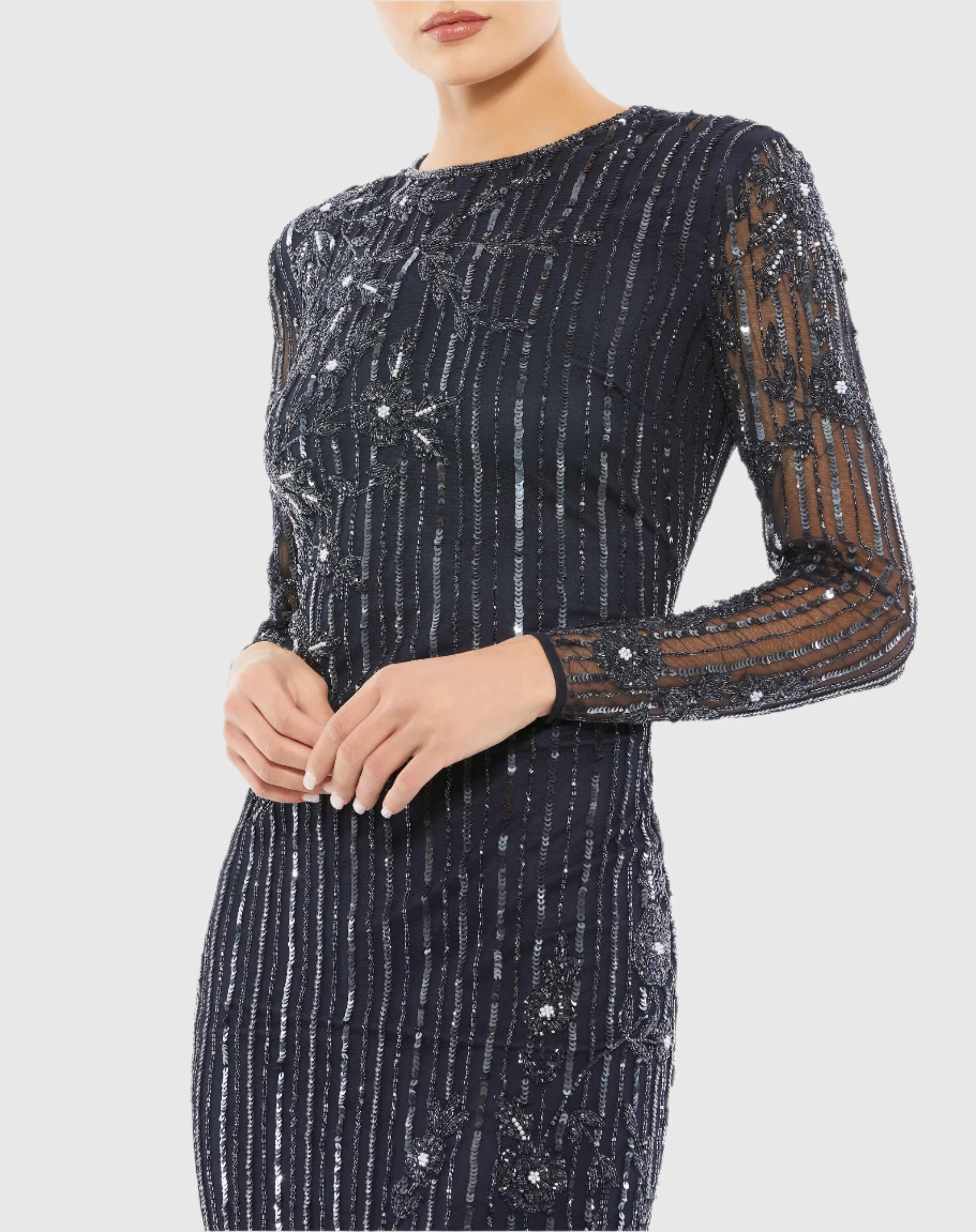 Dark Blue Embellished High Neck Illusion Long Sleeve Gown