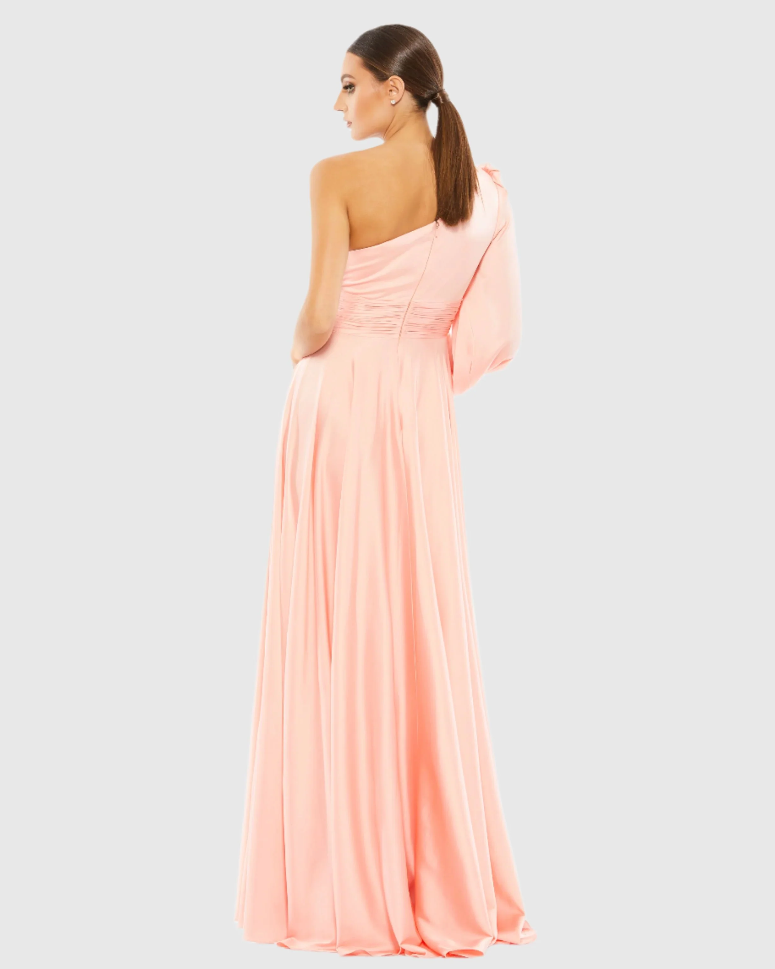 Pink One Shoulder Bishop Sleeve Flowy Gown
