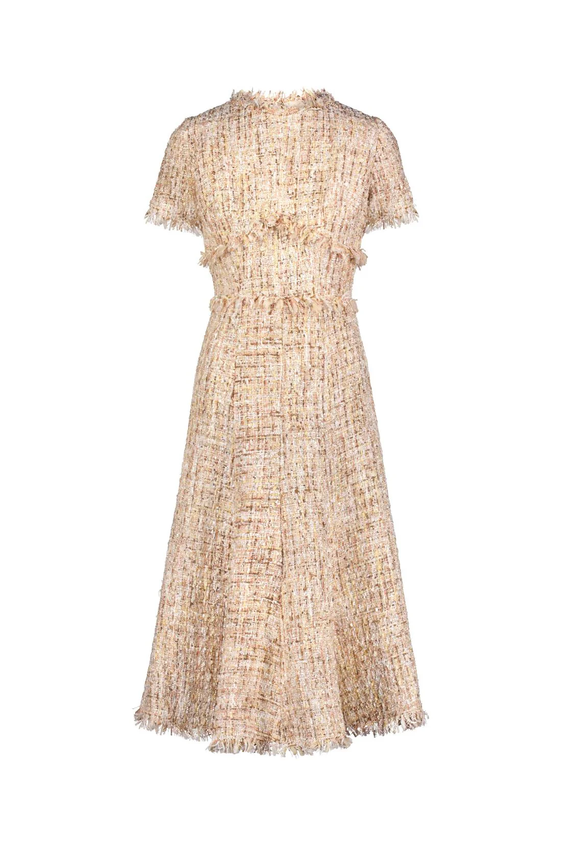 Beige Boucle Short Sleeve A Line Midi Dress