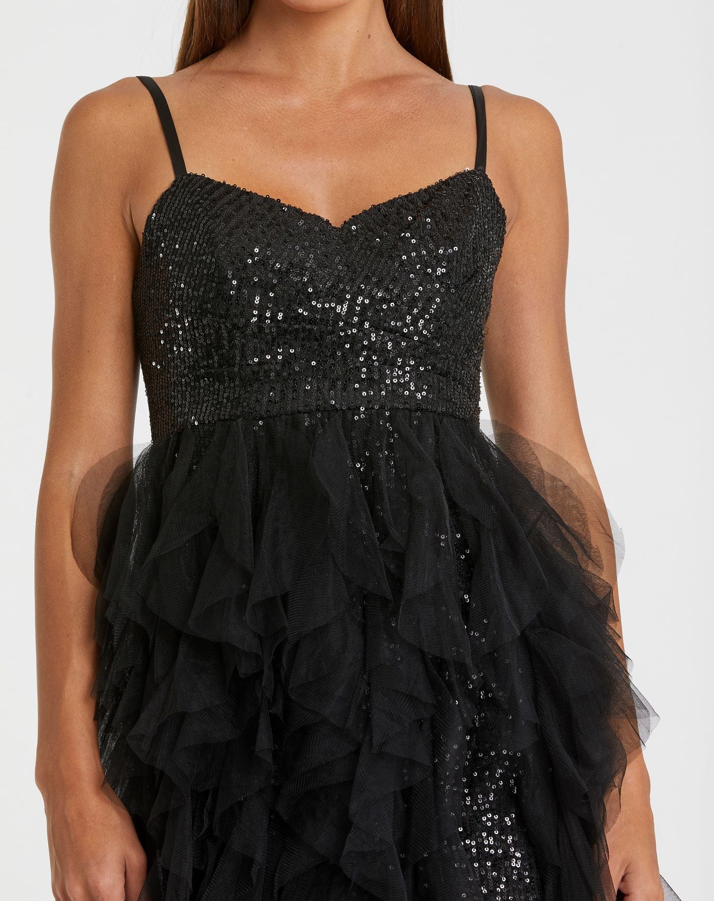 Black Sequin Mini with High Low Ruffle Tiered Train