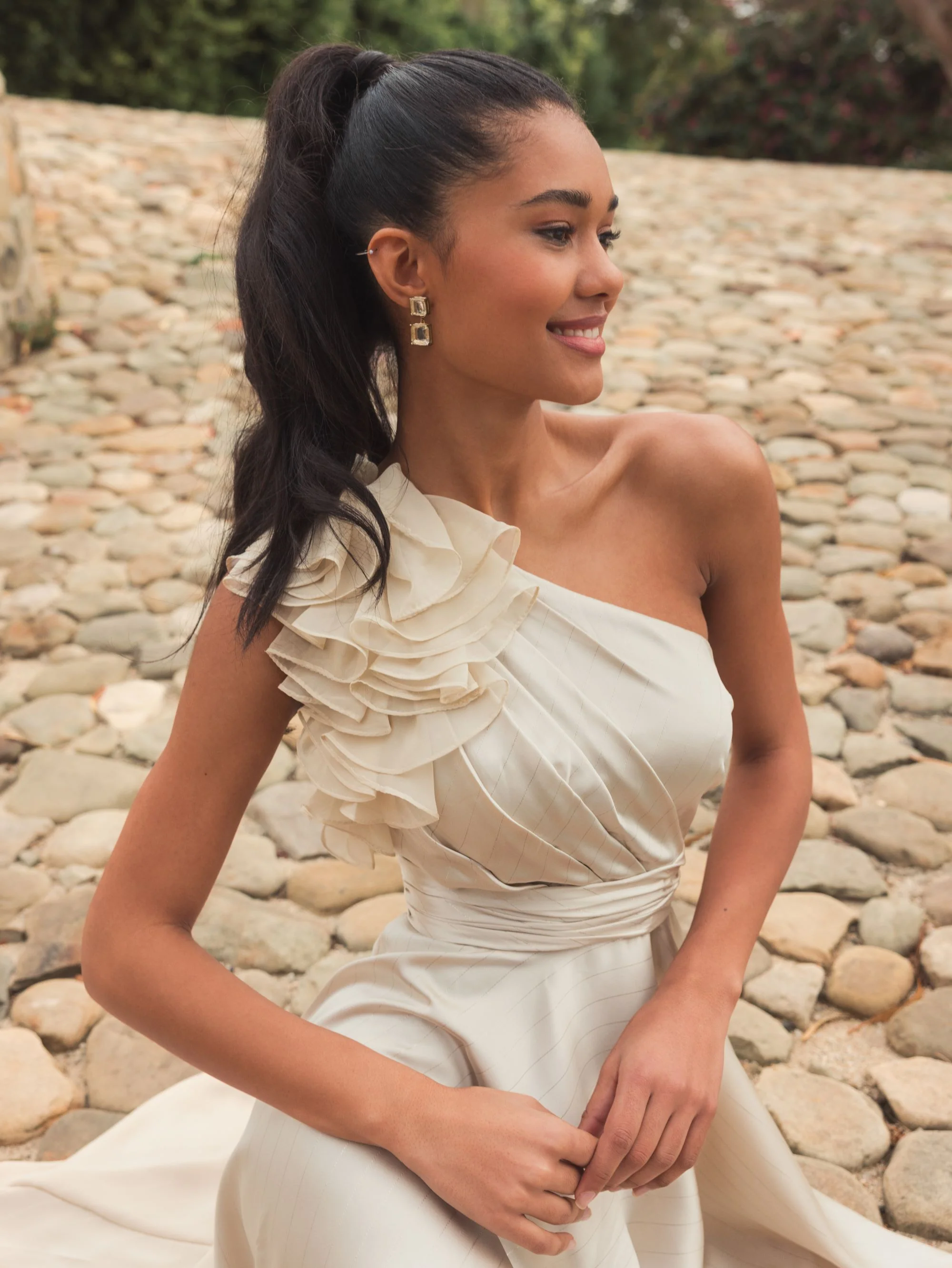 Beige Ruffled One Shoulder Cut Out Hi-Low Gown