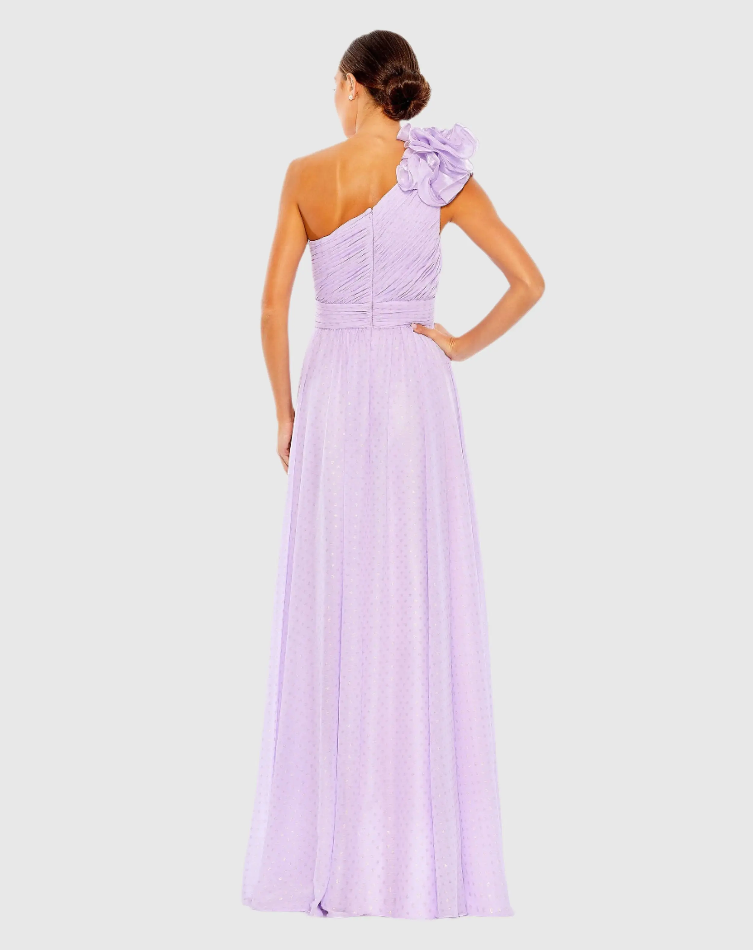Purple Polka Dot Ruffled One Shoulder Gown