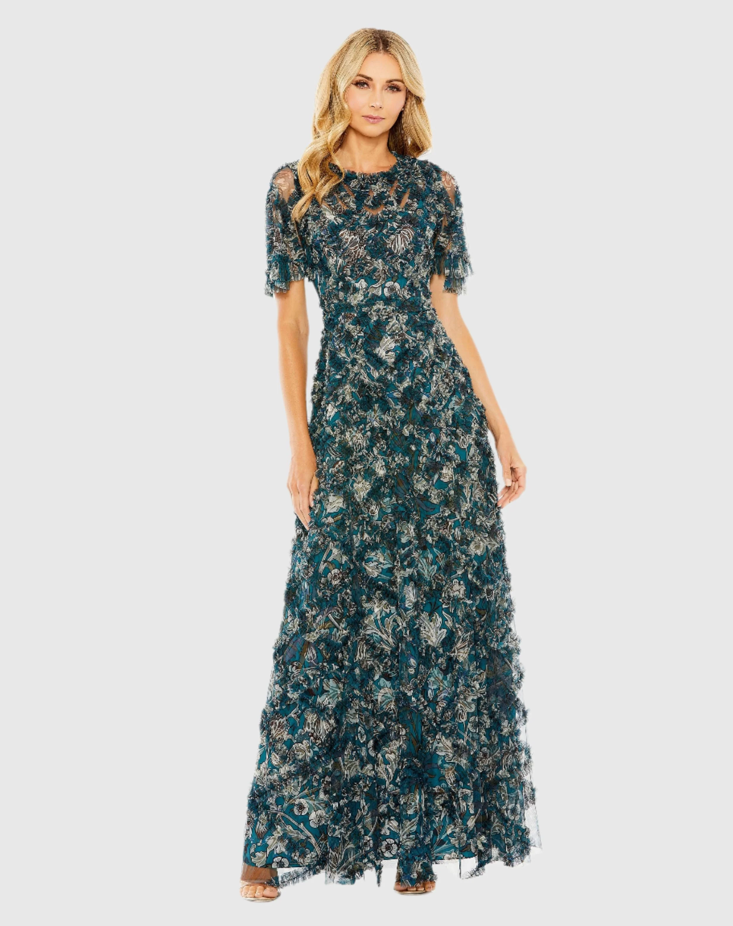 Blue Flutter Sleeve Floral Ruffle Detail Maxi Dress