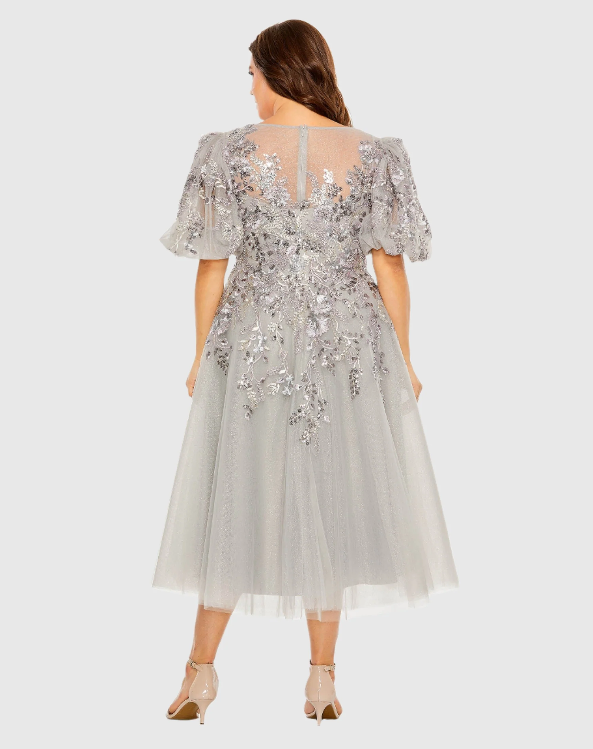 Gray Puff Sleeve Glitter Embellished Dress