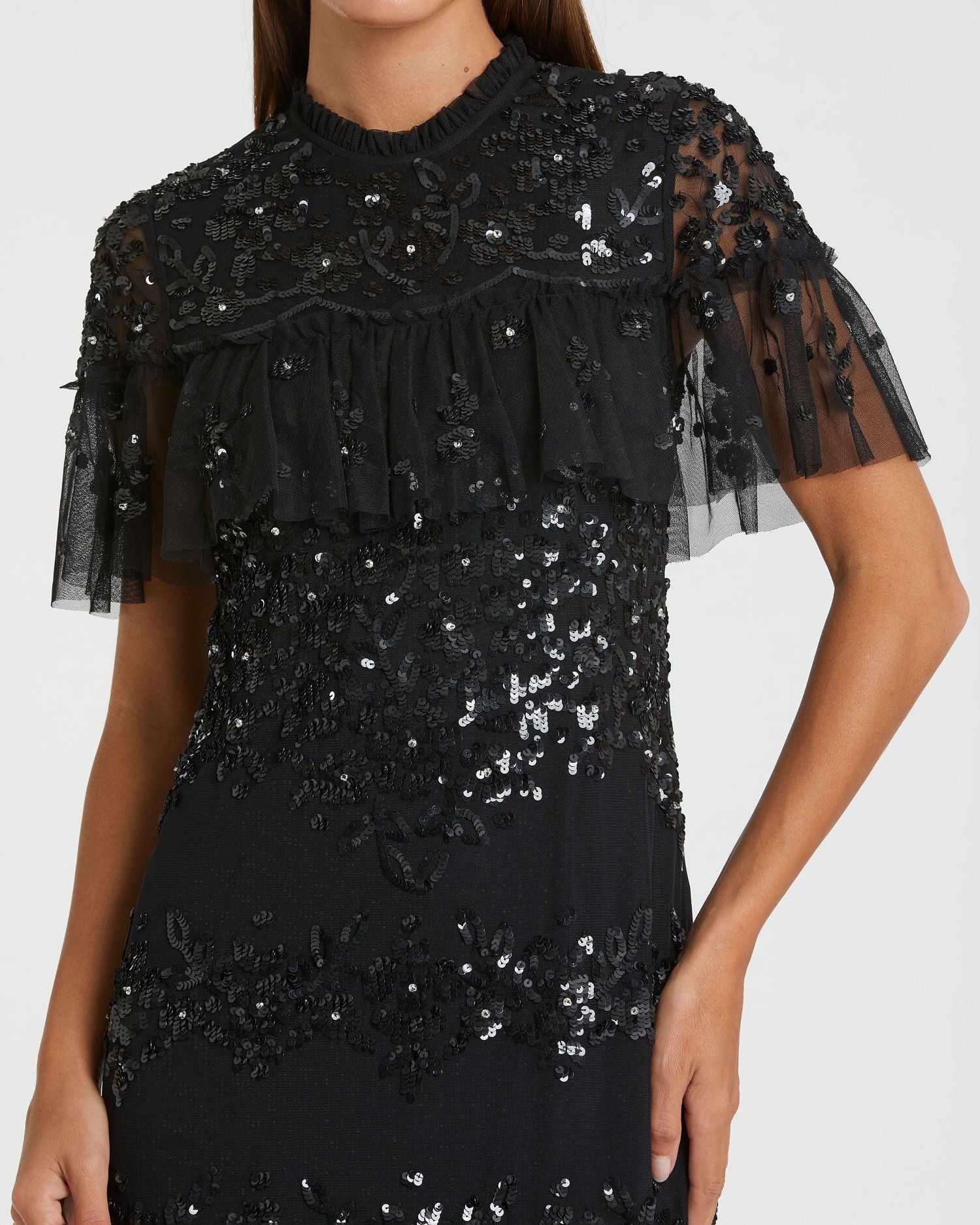 Black Sequined High Neck Ruffled Flutter Sleeve Midi Dress