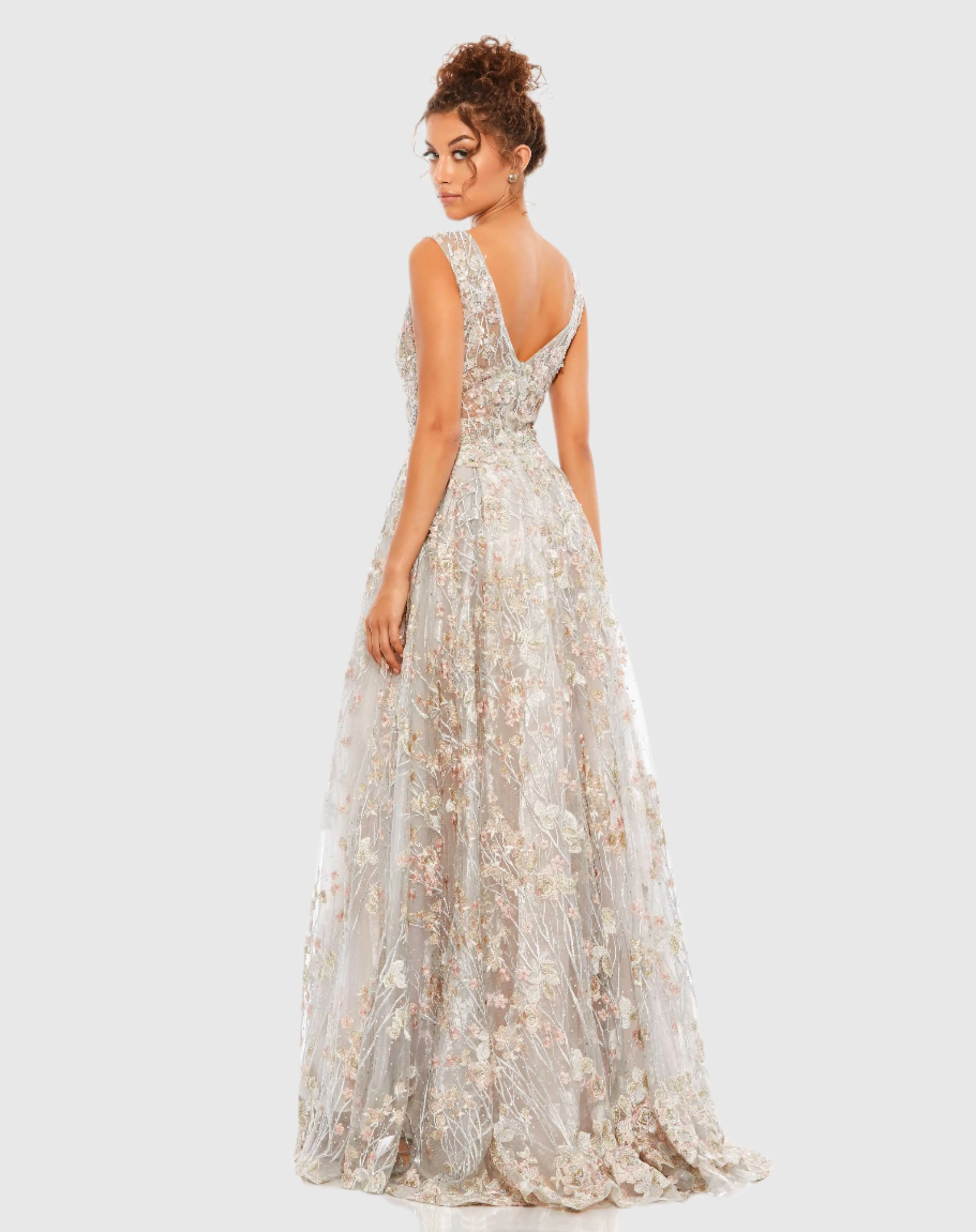 Silver Floral Embroidered Illusion V-Neck Gown
