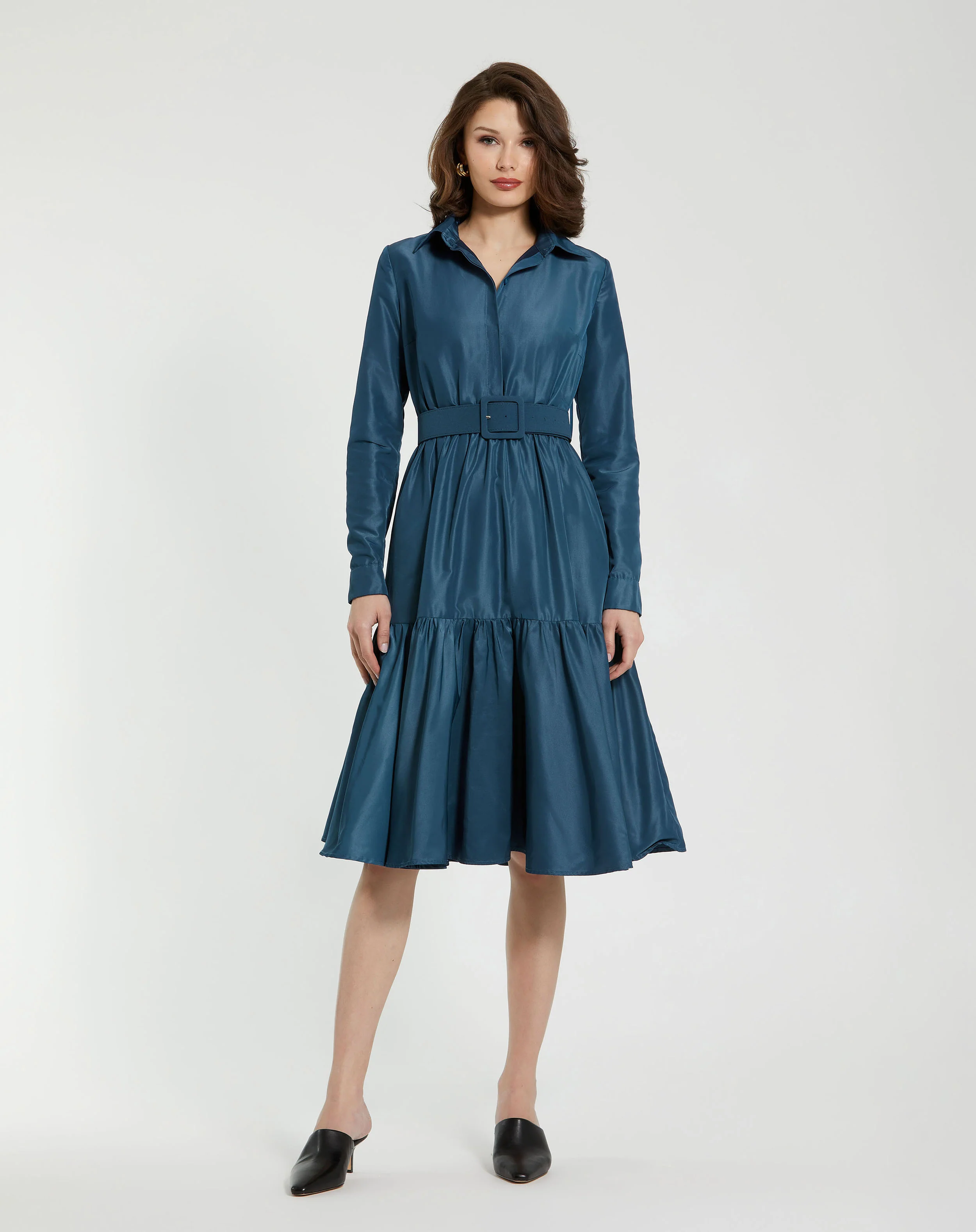 Blue Faille Long Sleeve Collared Midi Dress With Belt