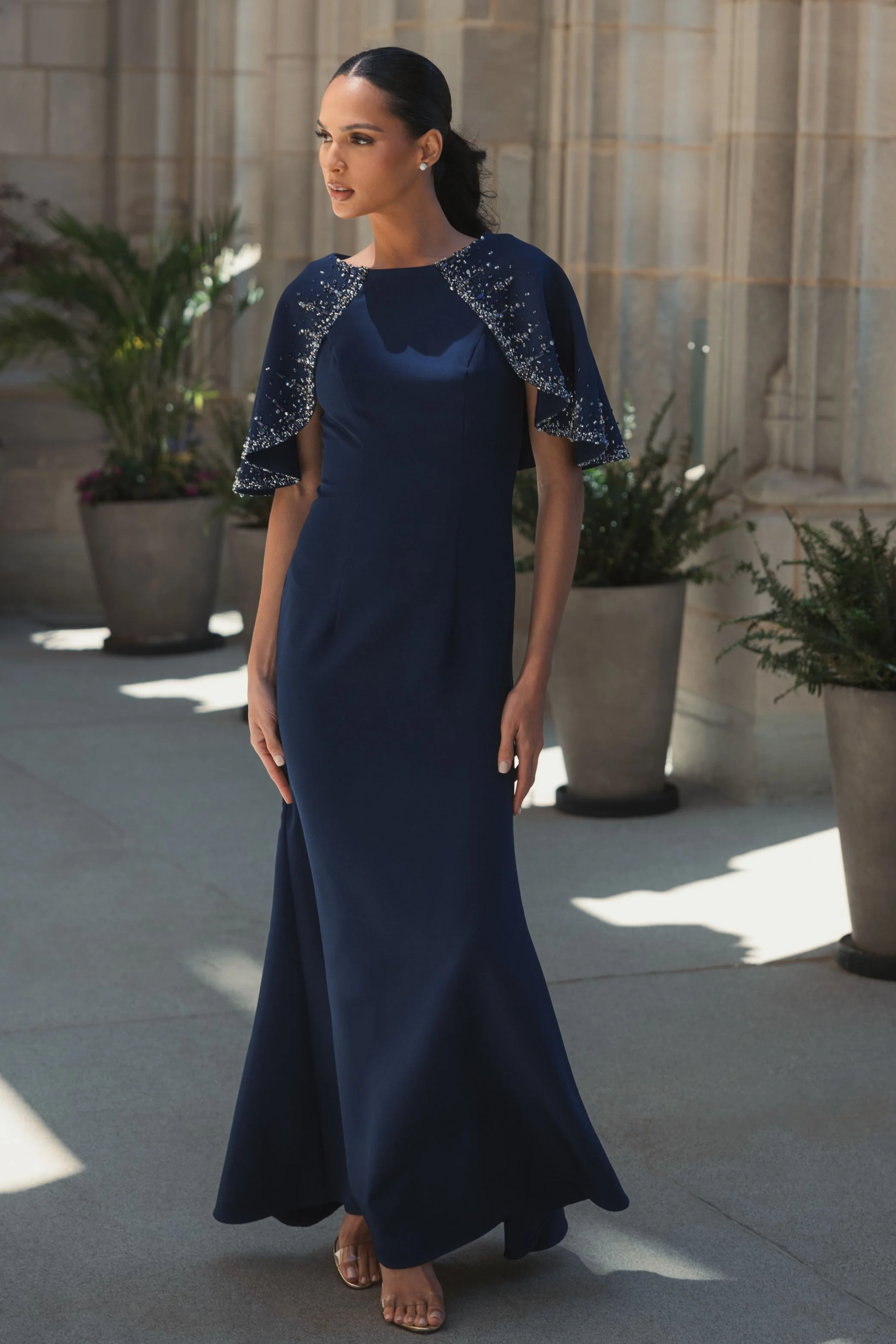 Crepe High Neck Fitted Gown With Beaded Shawl
