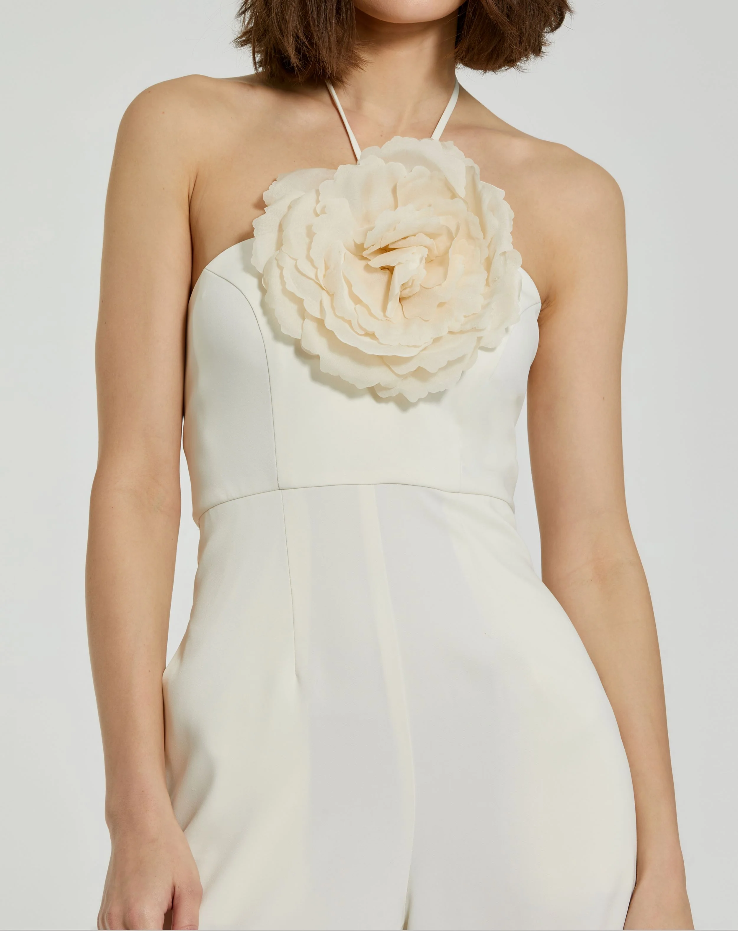 White Halter Neck Crepe Jumpsuit With Flower