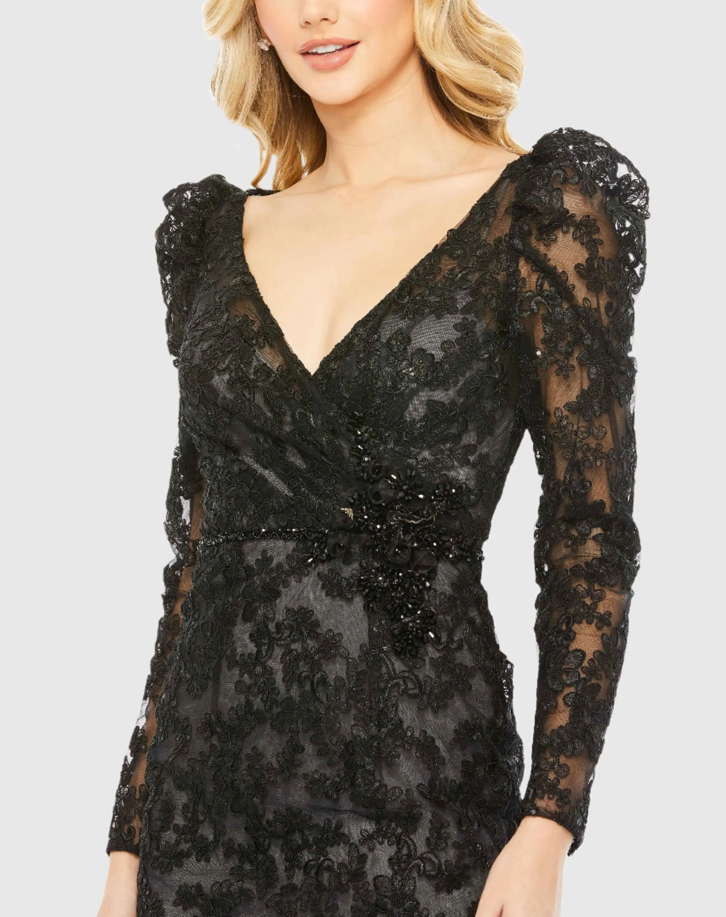 Black Embroidered Lace Puff Sleeve Wrap Over Gown