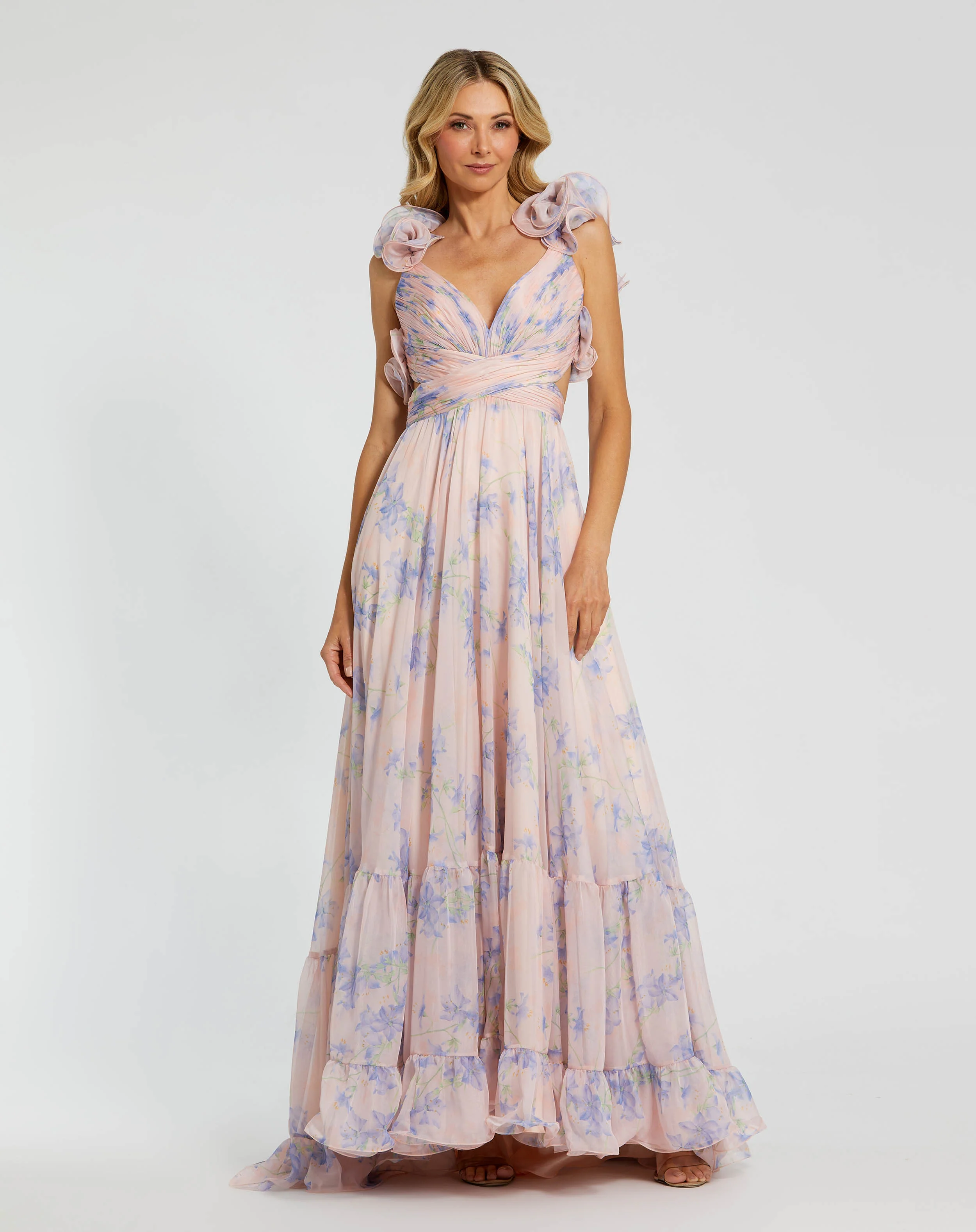 Pink Ruffle Tiered Floral Cut-Out Chiffon Gown