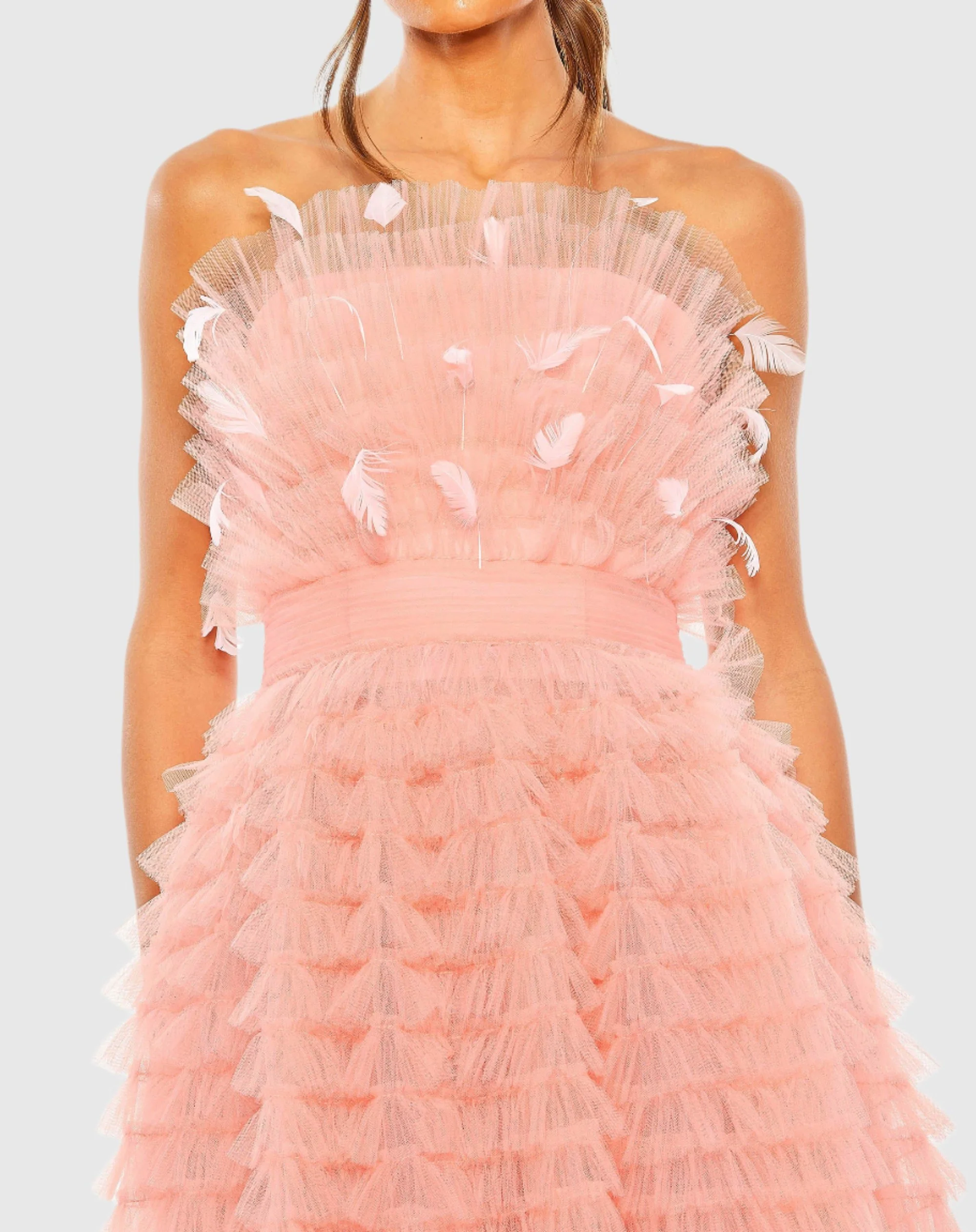 Pink Strapless Ruffle Gown with Feathers