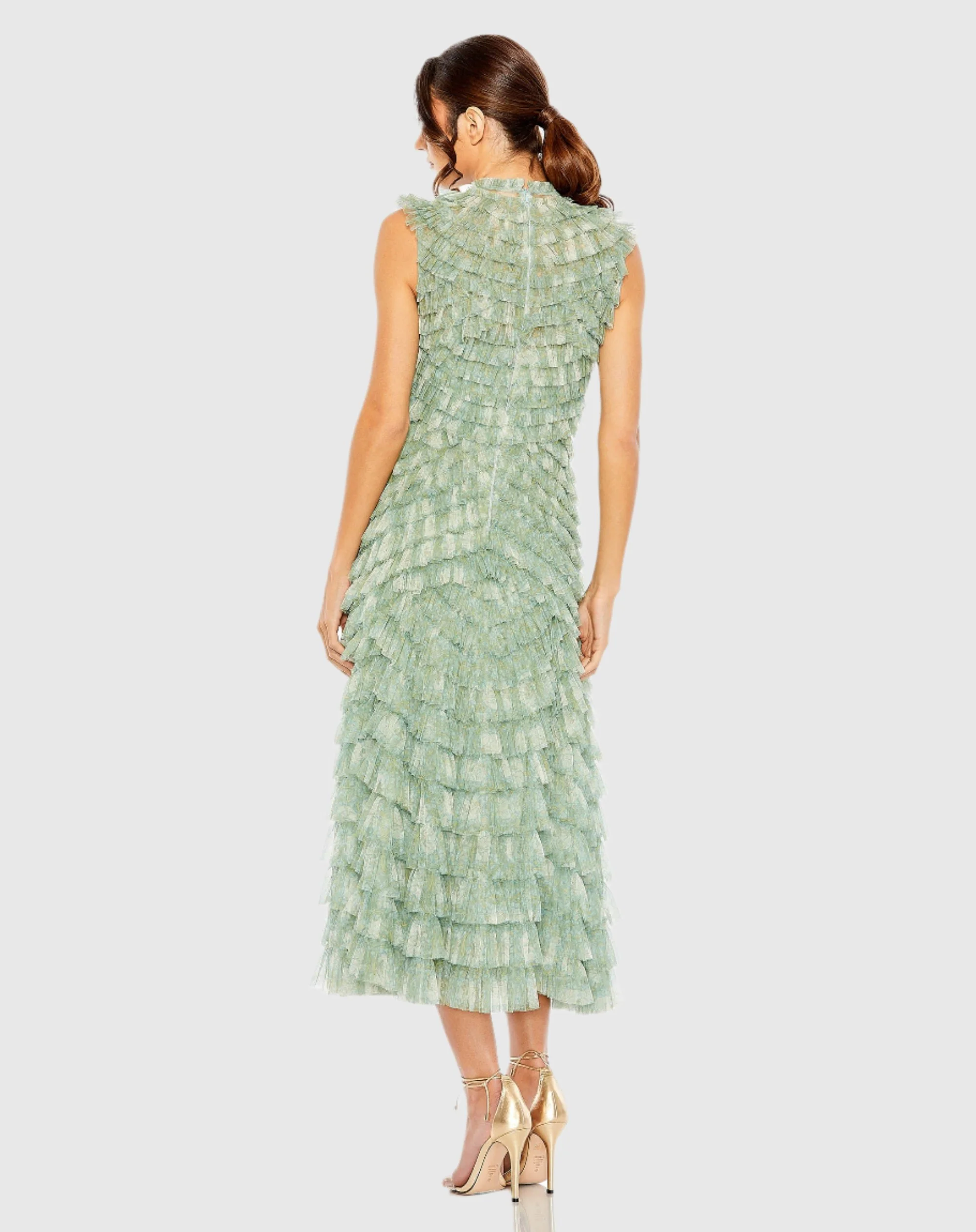 Green High Neck Micro Ruffle Dress