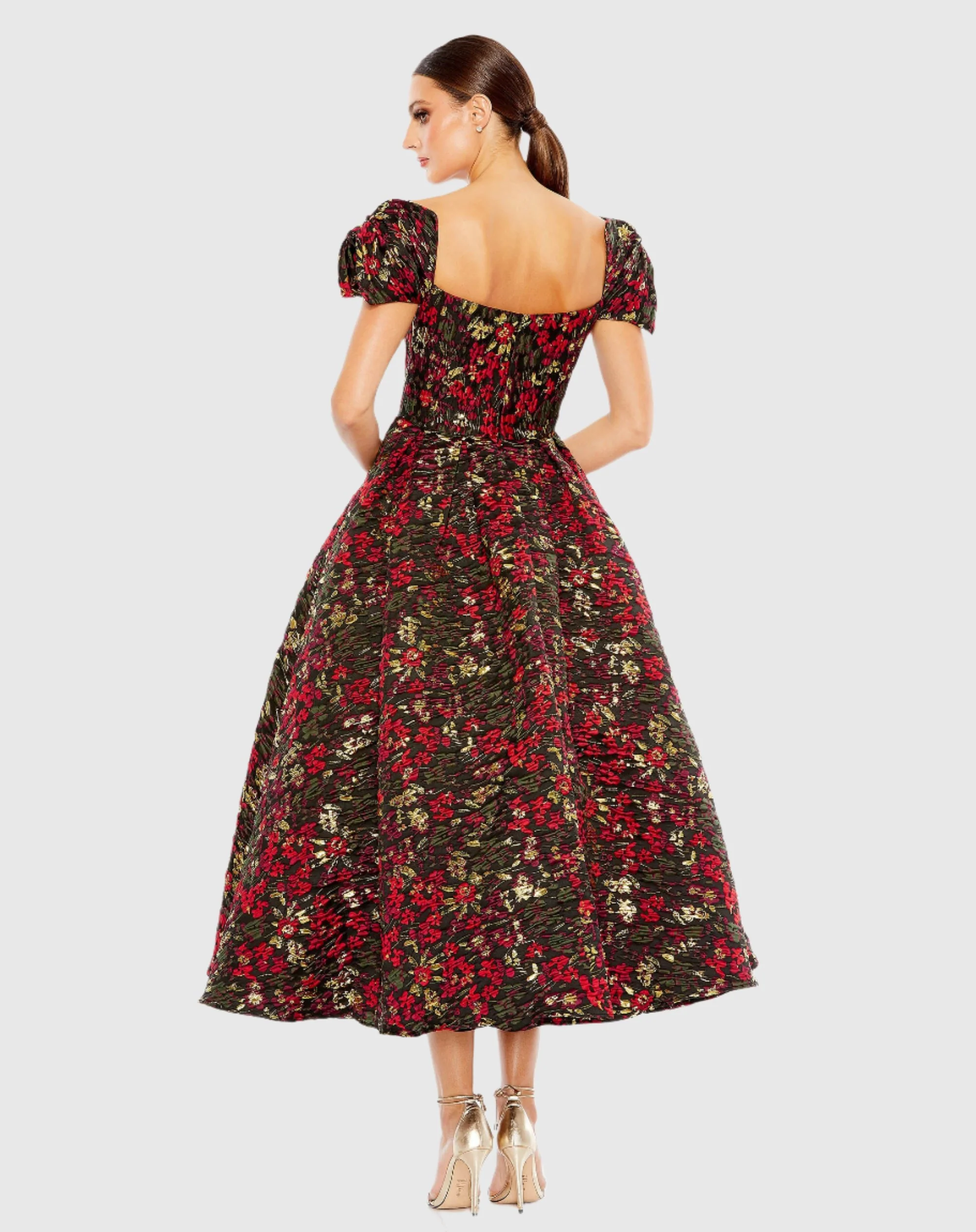 Floral Brocade Cap Sleeve A Line Dress