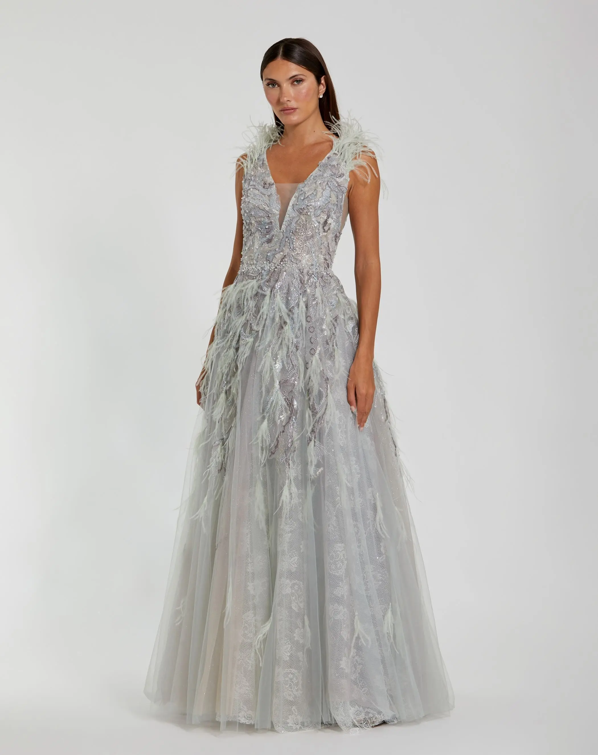 Green Embellished Feathered Sleeveless A Line Gown