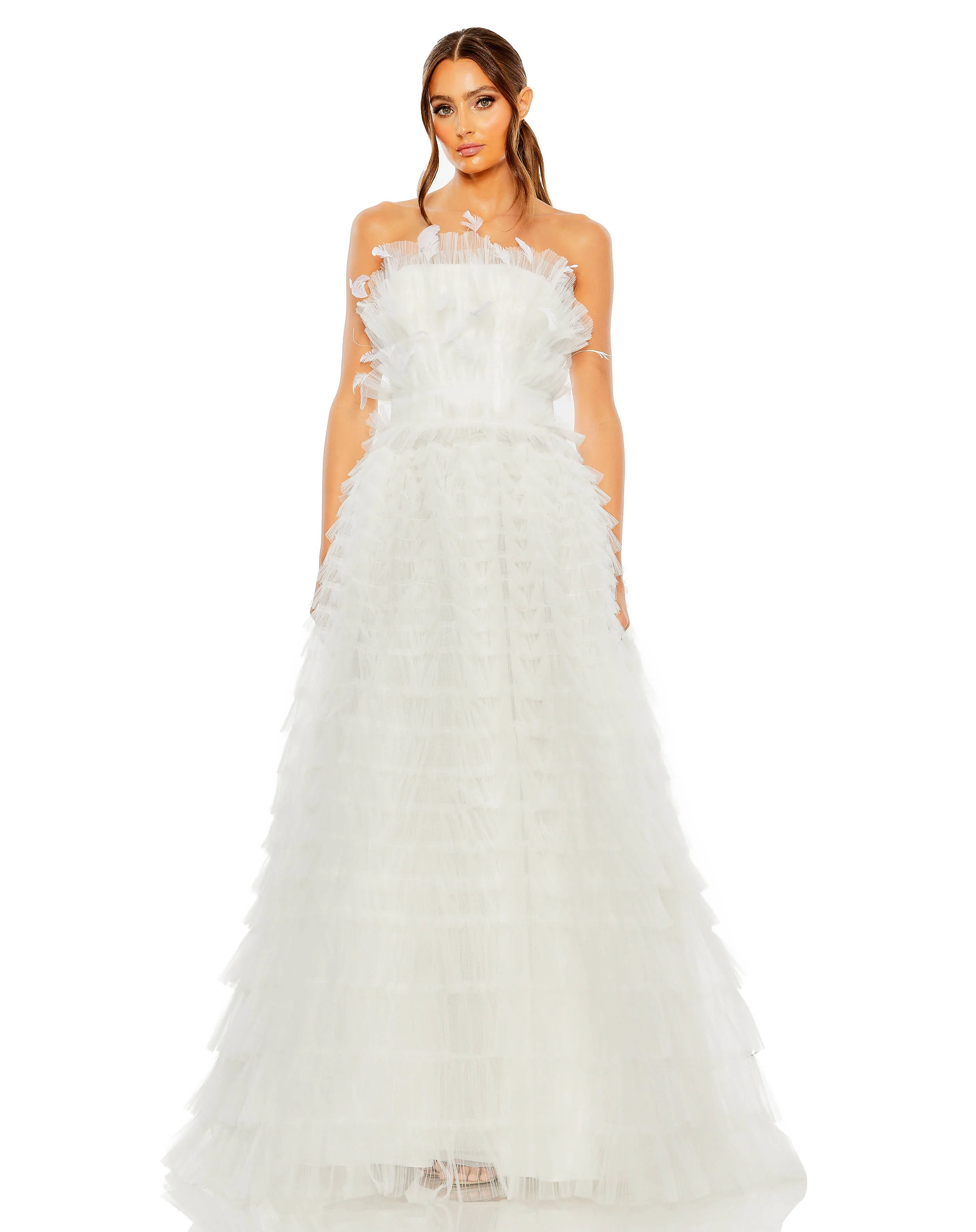White Strapless Ruffle Gown with Feathers