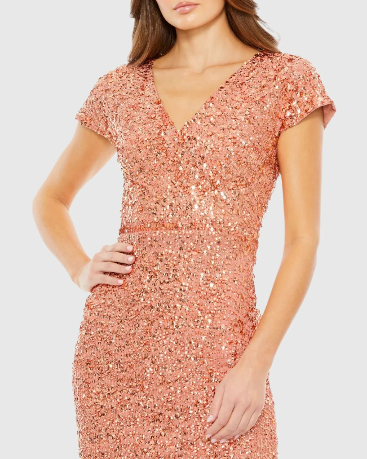 Orange Sequined Short Sleeve Wrap Over Cocktail Dress