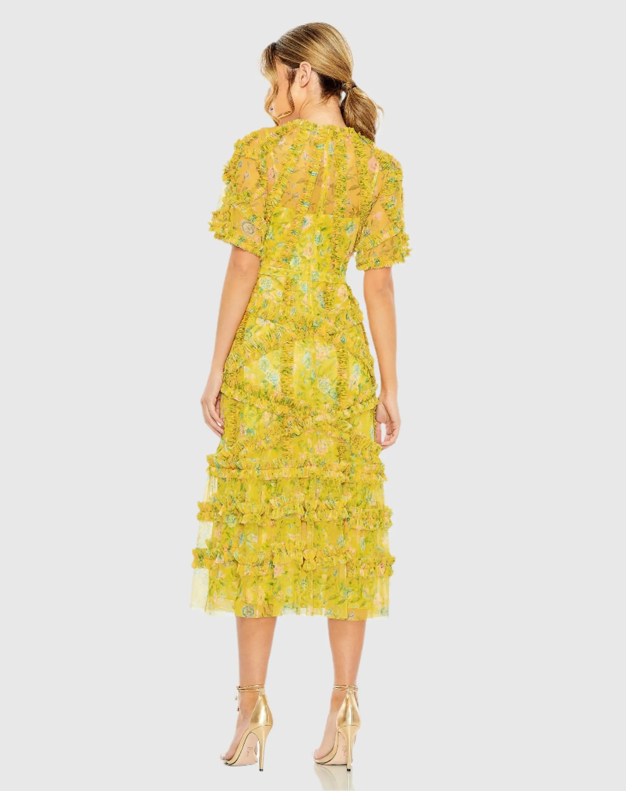 Yellow Floral Flutter Sleeve Mesh Print Dress