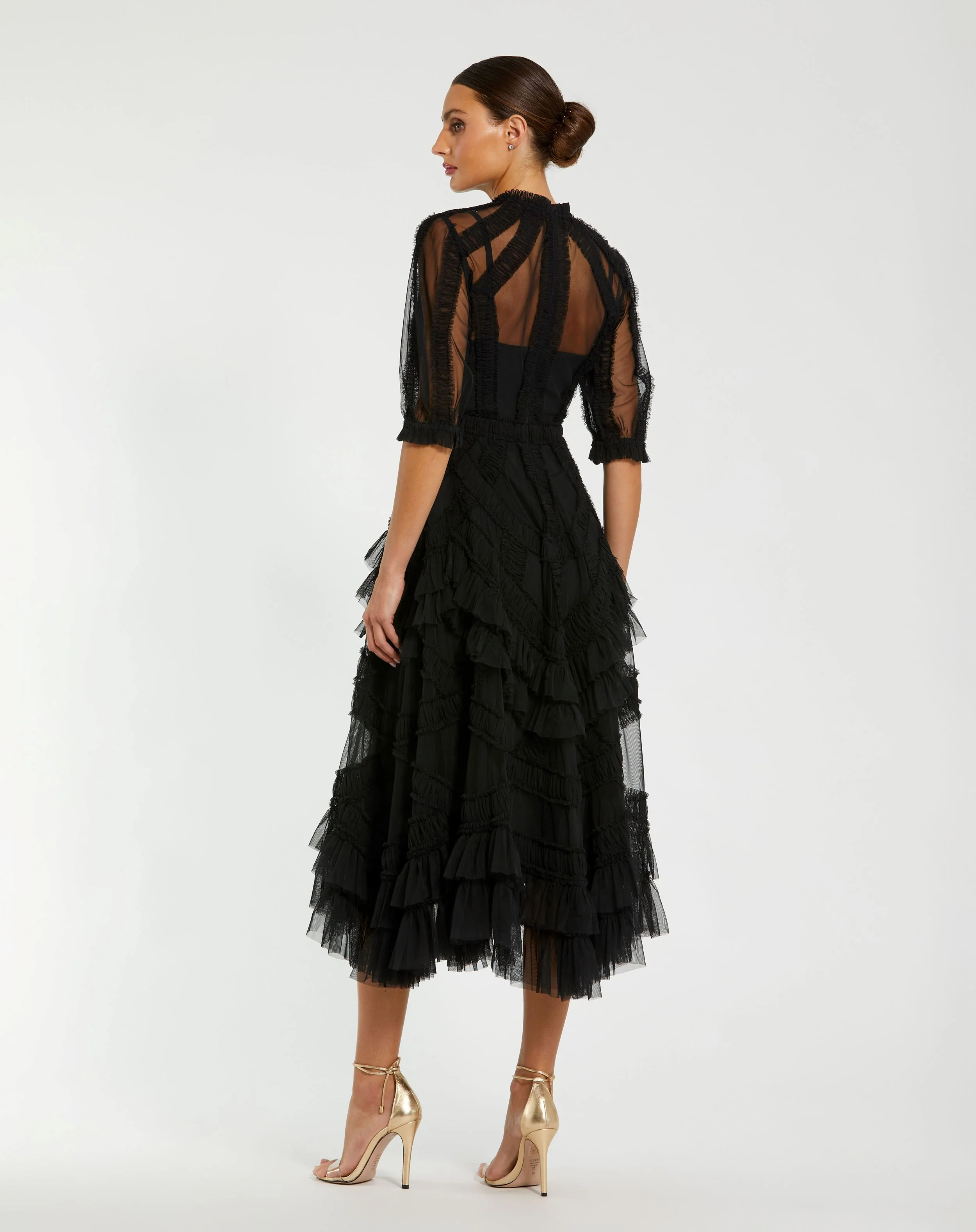 Black High Neck Micro Ruffle Tiered Midi Dress