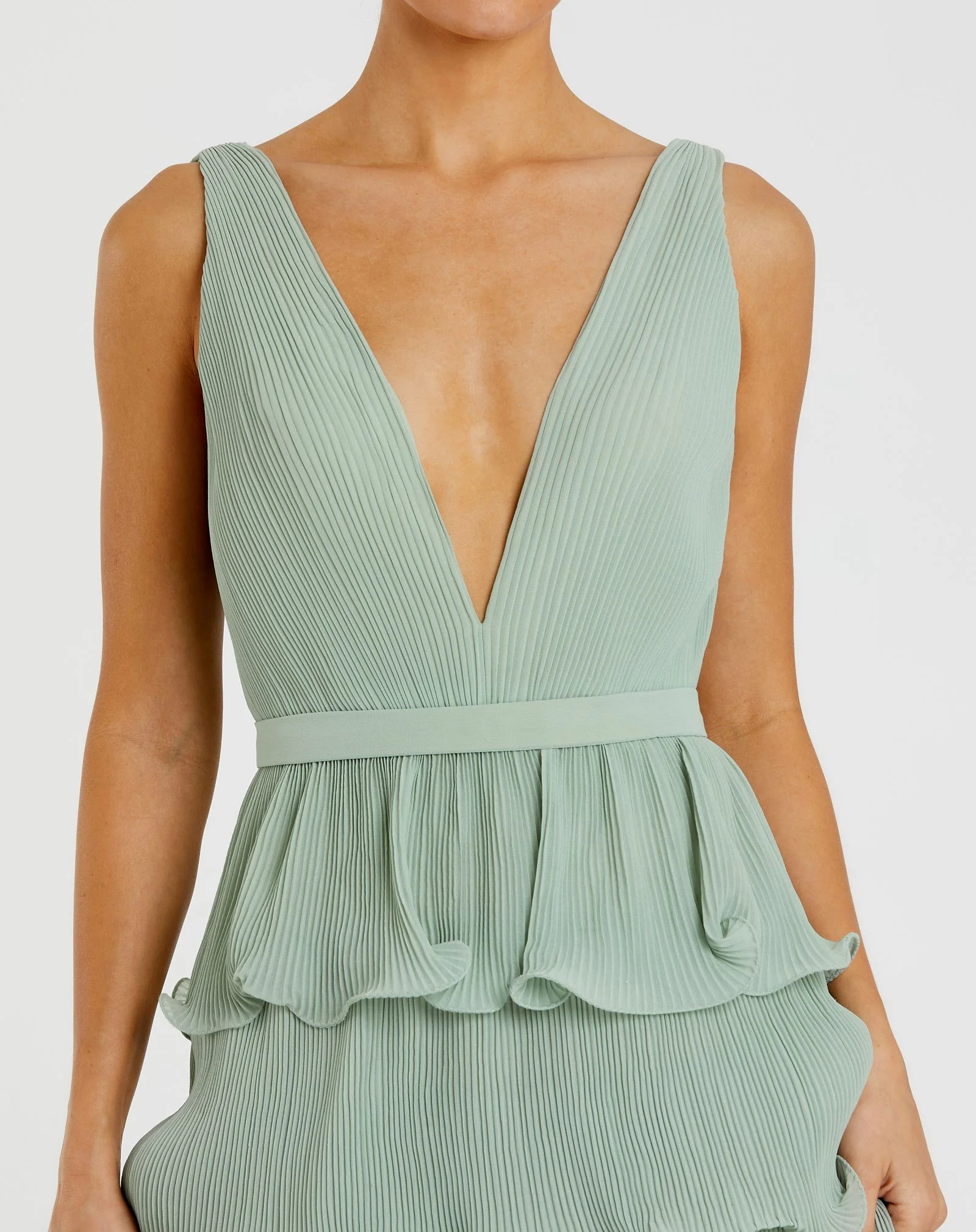 Green Sleeveless Ruffle Tiered V Neck Gown