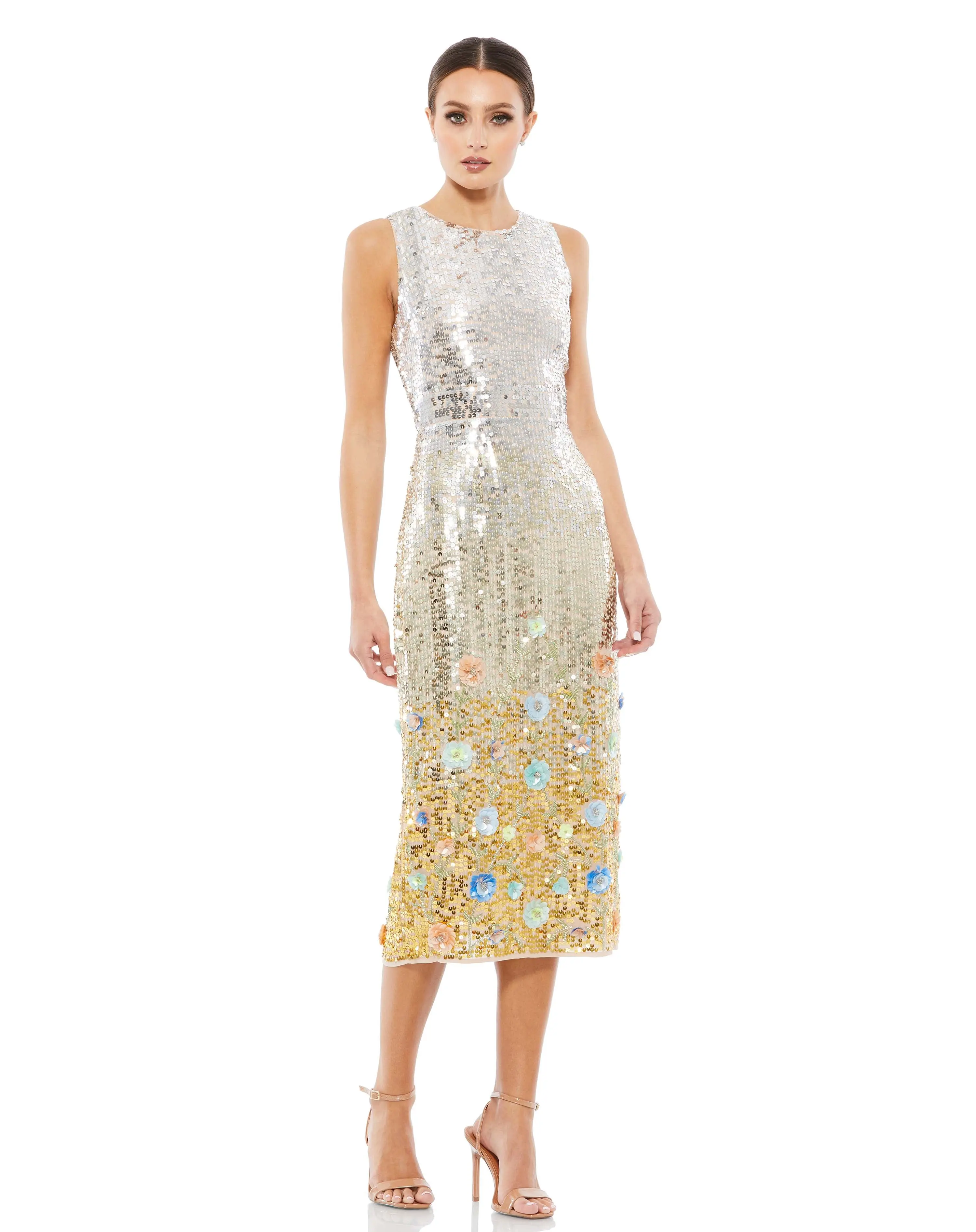 Silver High Neck Midi Sequin Dress with 3D Flowers