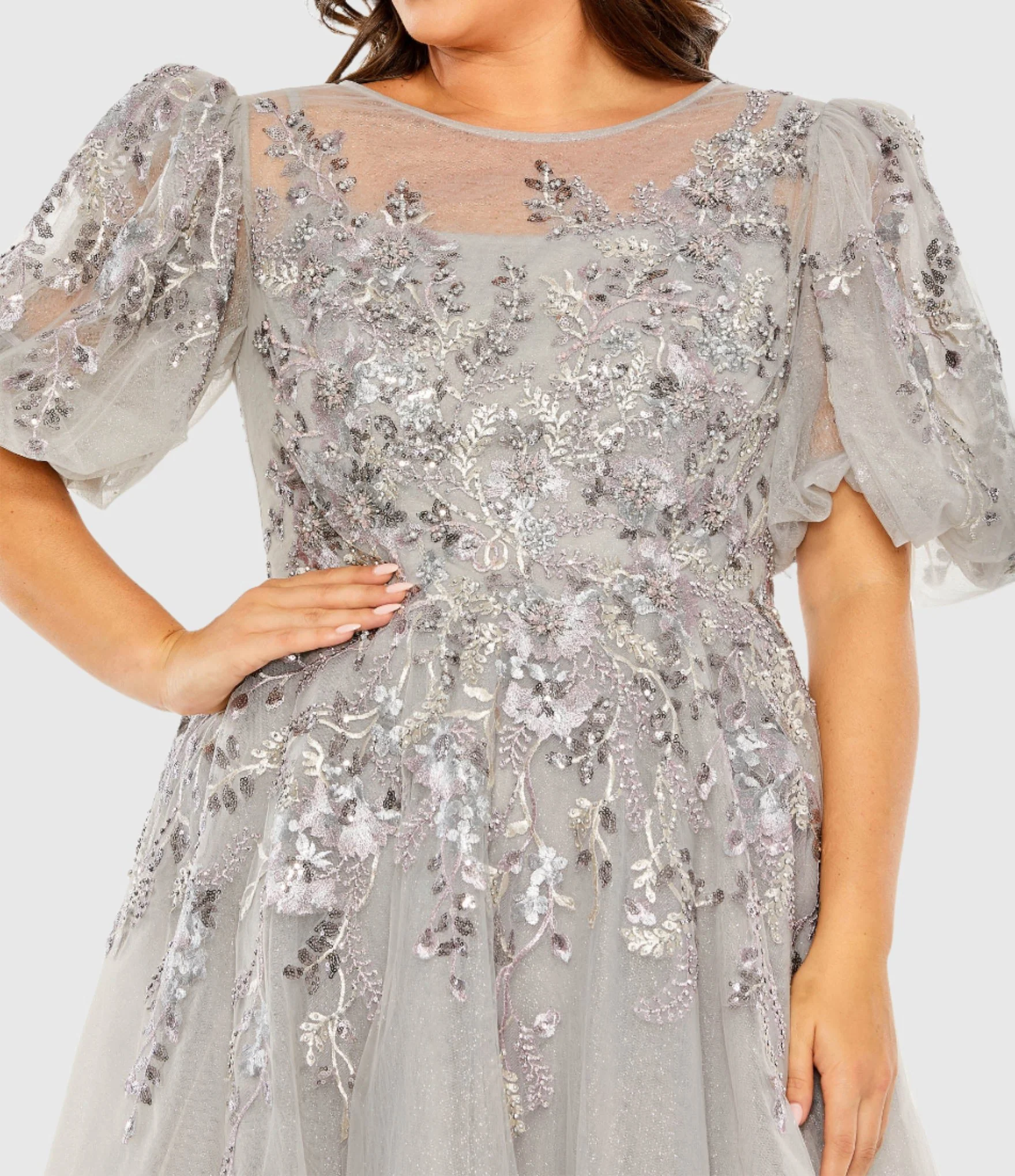 Gray Puff Sleeve Glitter Embellished Dress