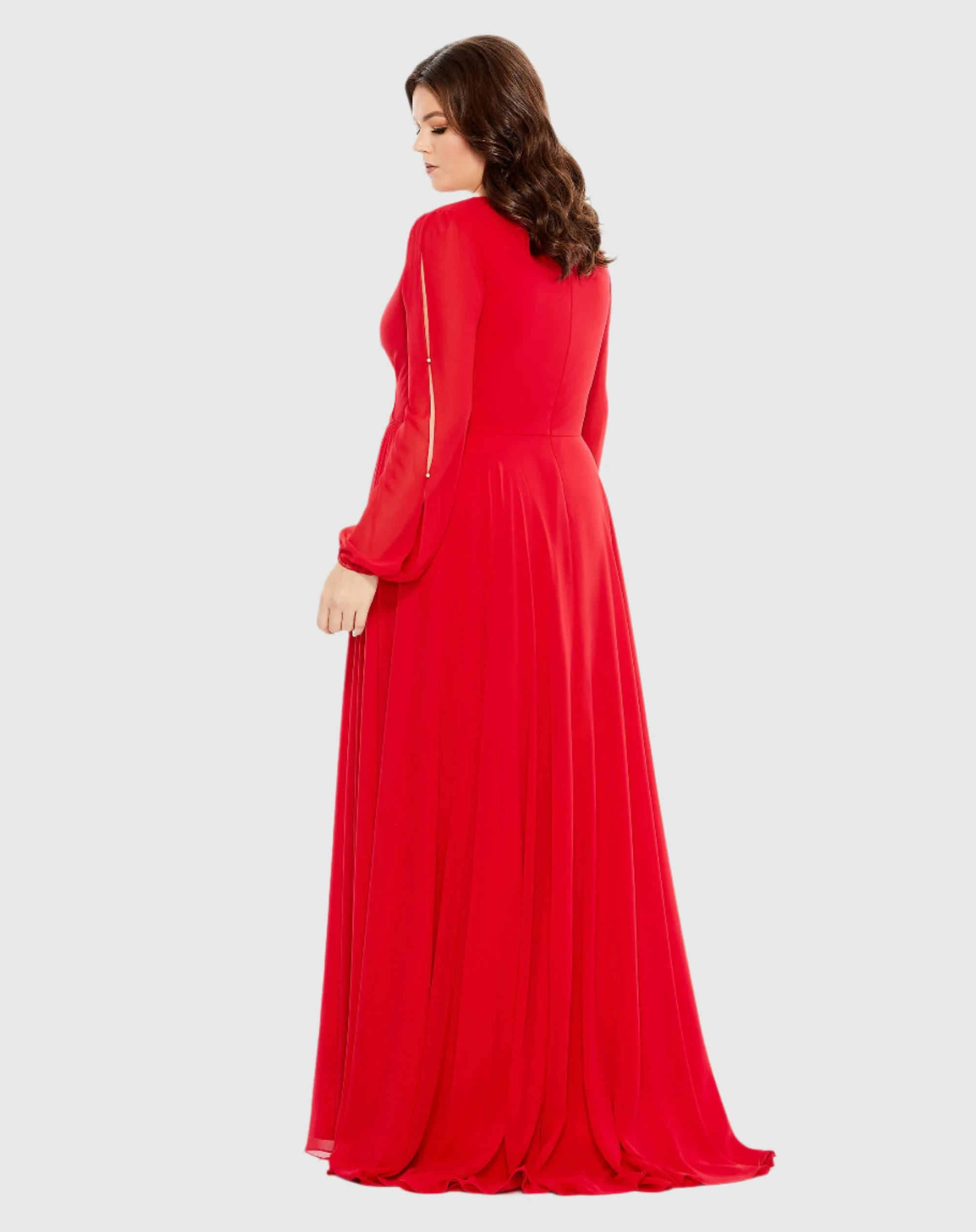 Split Puff Sleeve Faux Wrap A Line Gown
