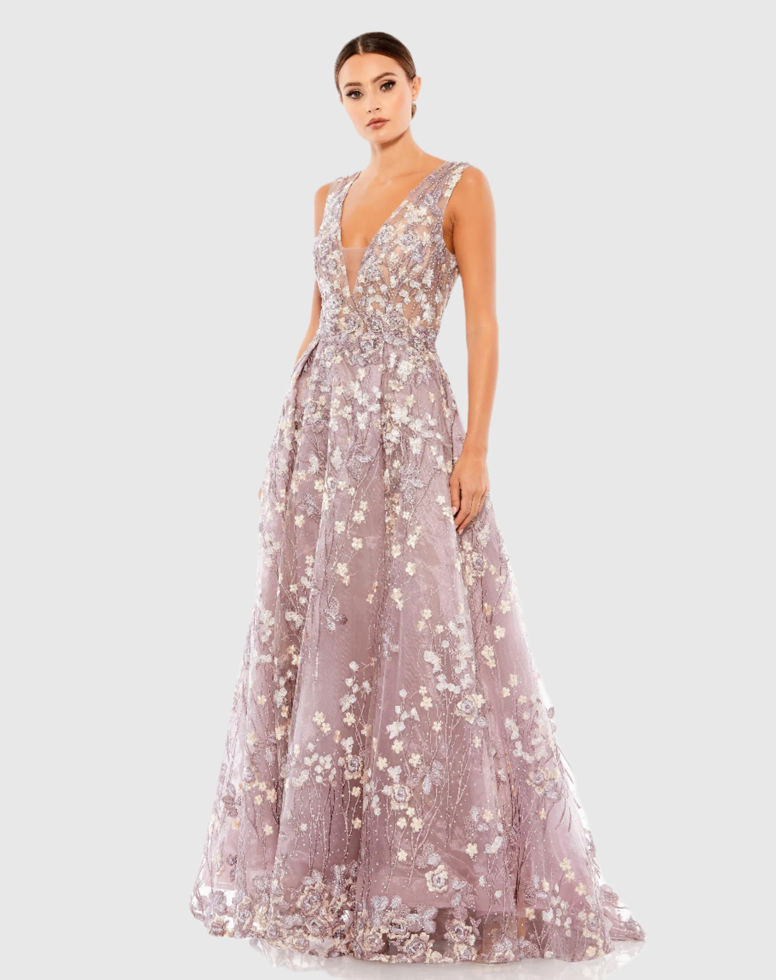 Purple Floral Embroidered Illusion V-Neck Gown