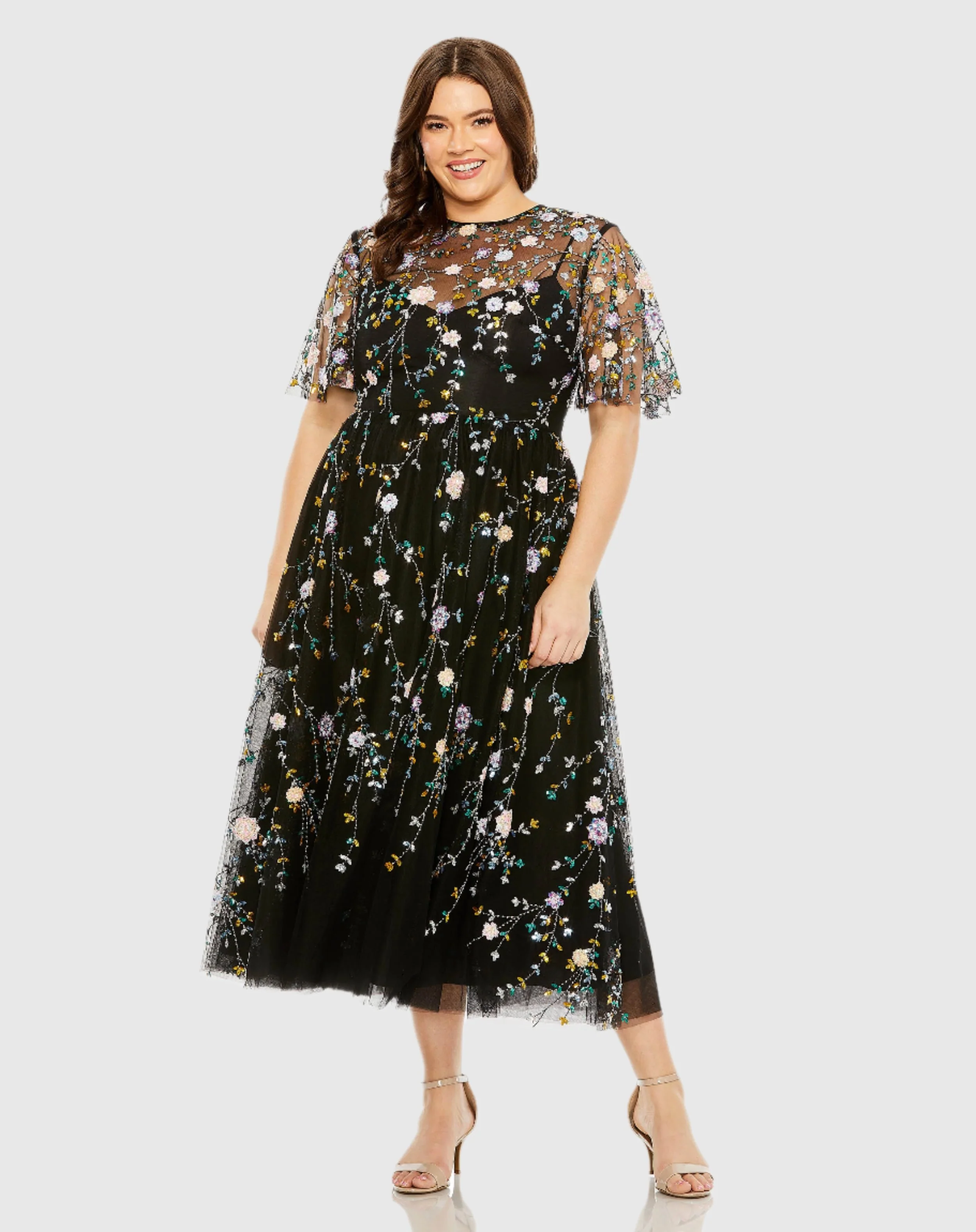 Black Sequin Floral Embroidered Dress
