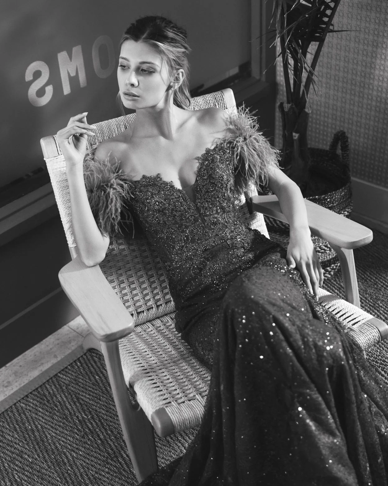 Green Feathered Crystal Embellished Sleeveless Gown