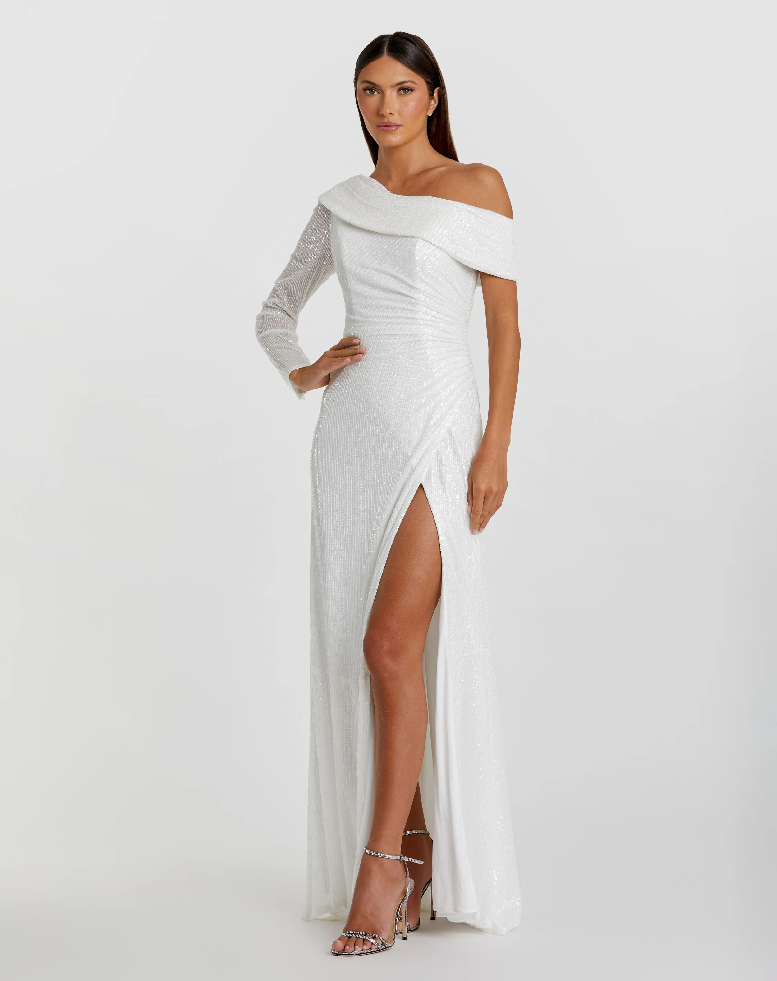 White Sequined Drop Shoulder Faux Wrap Gown
