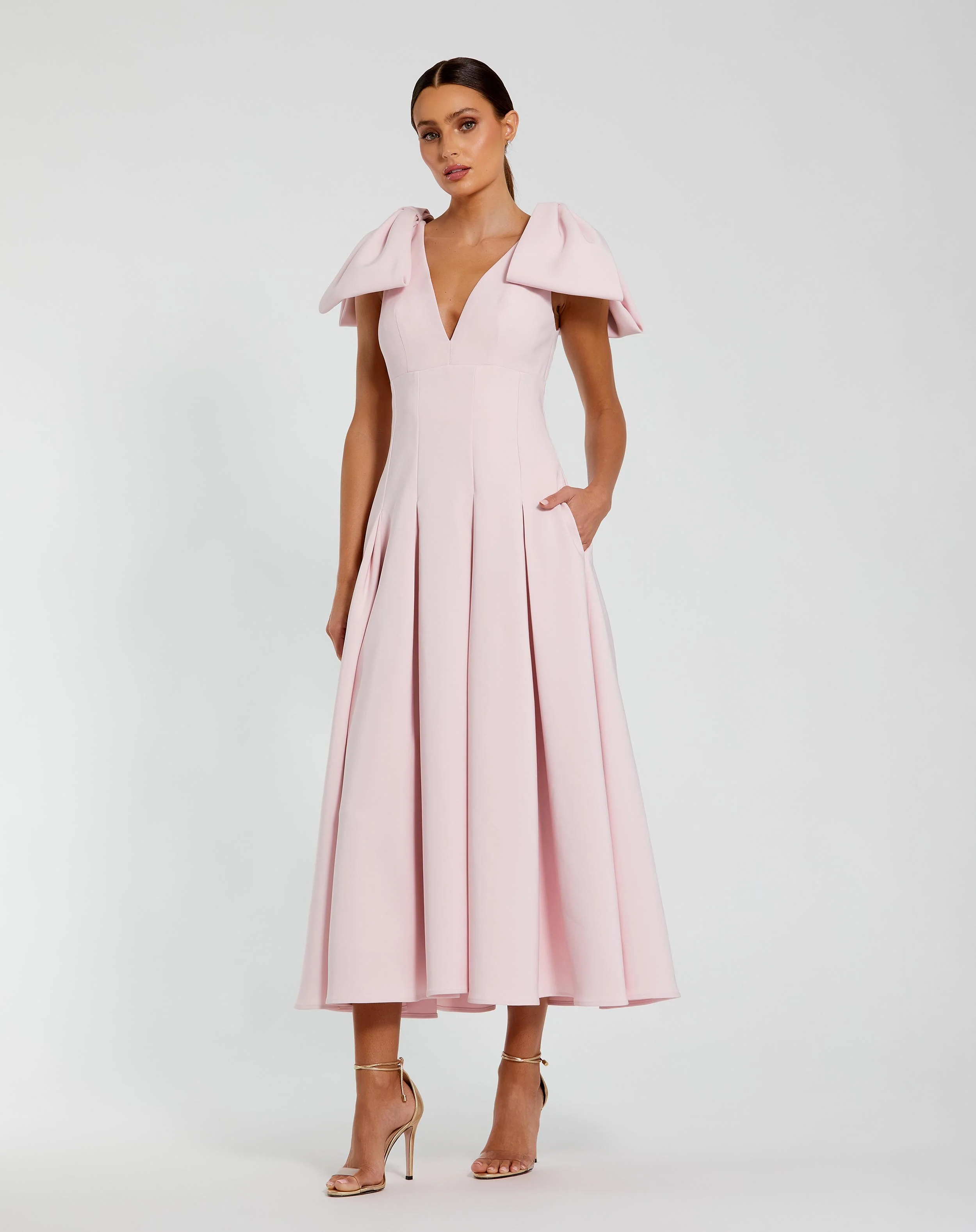 Crepe A Line Midi Dress With Bow Straps