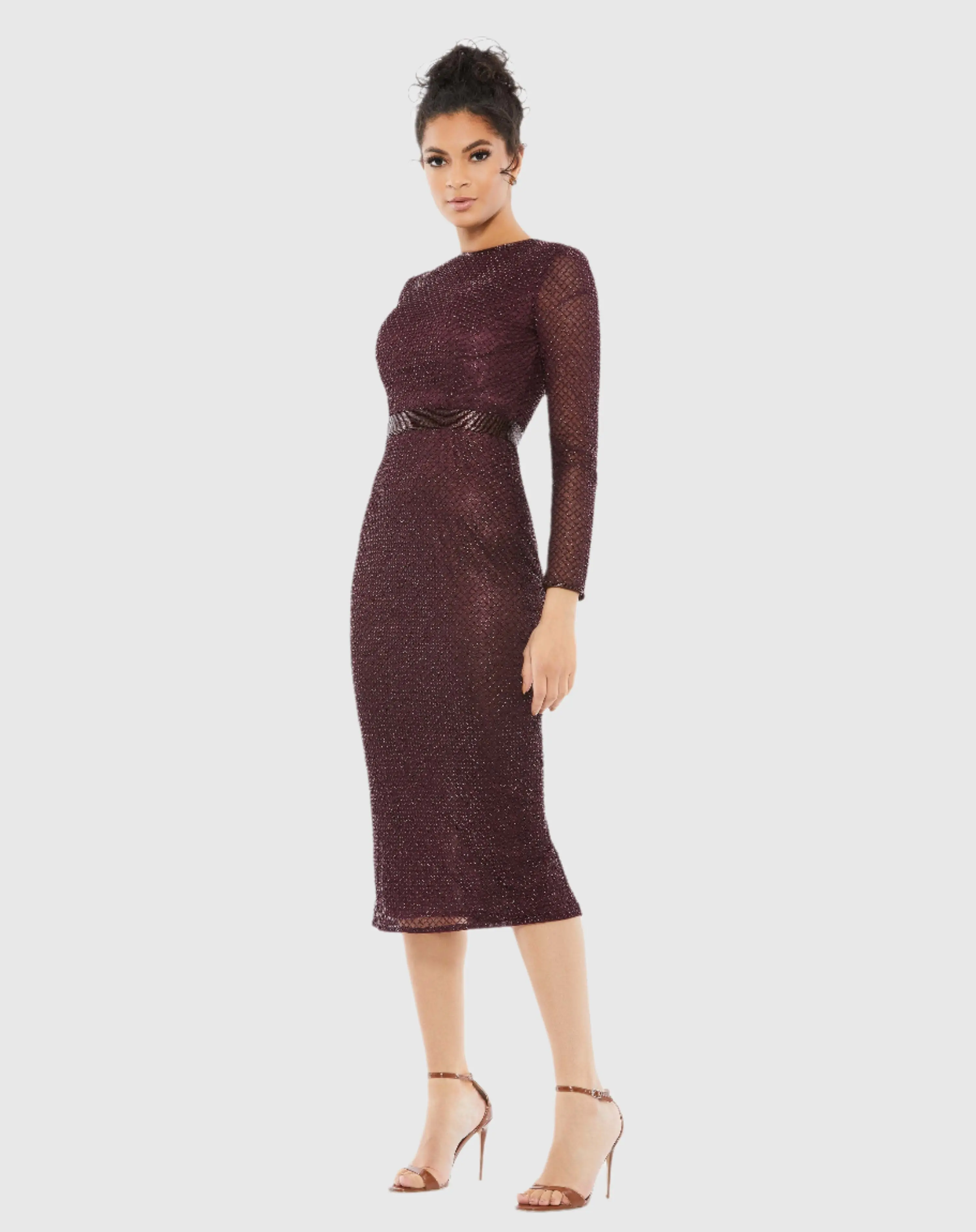 Long Sleeve Lattice Beaded Midi Cocktail Dress