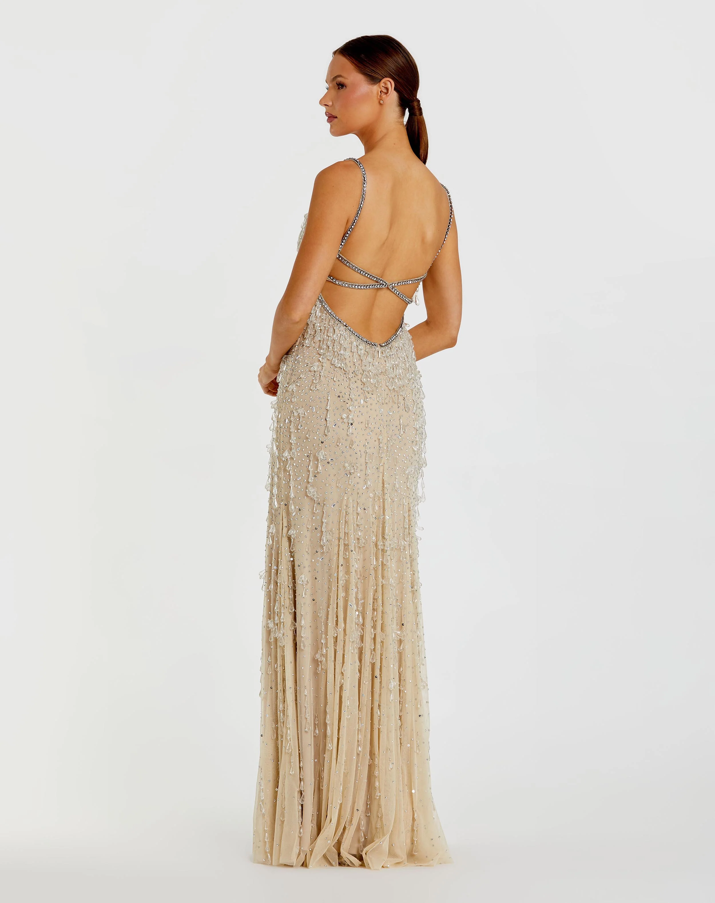 Beige Thin Strap Net Embellished V Neck Gown